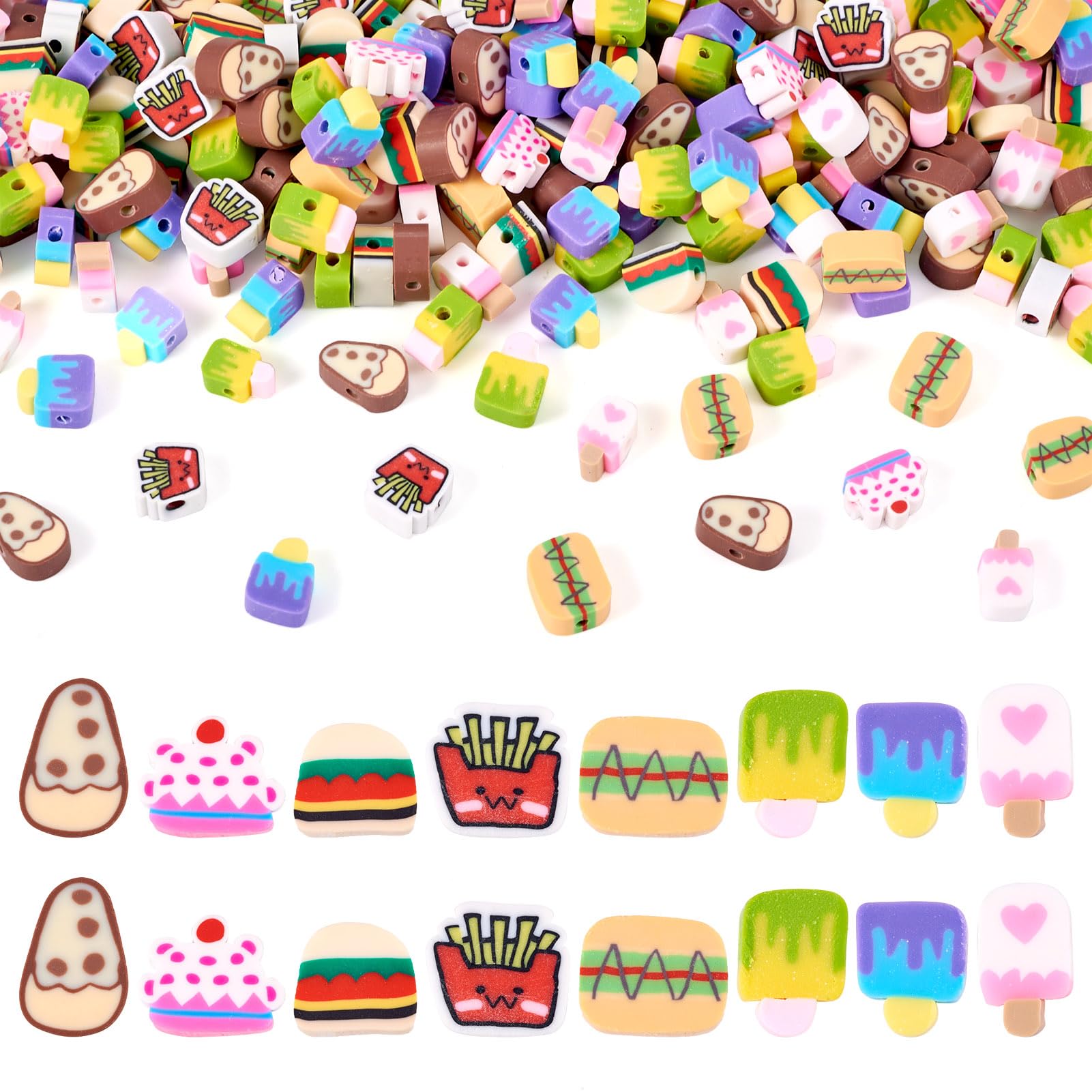 Boutigem 80G Food Theme Clay Beads Set Hamburger Hot Dog Cake Ice Cream Shape Handmade Polymer Clay Beads for Summer Beach Bracelet Necklace Jewelry Making