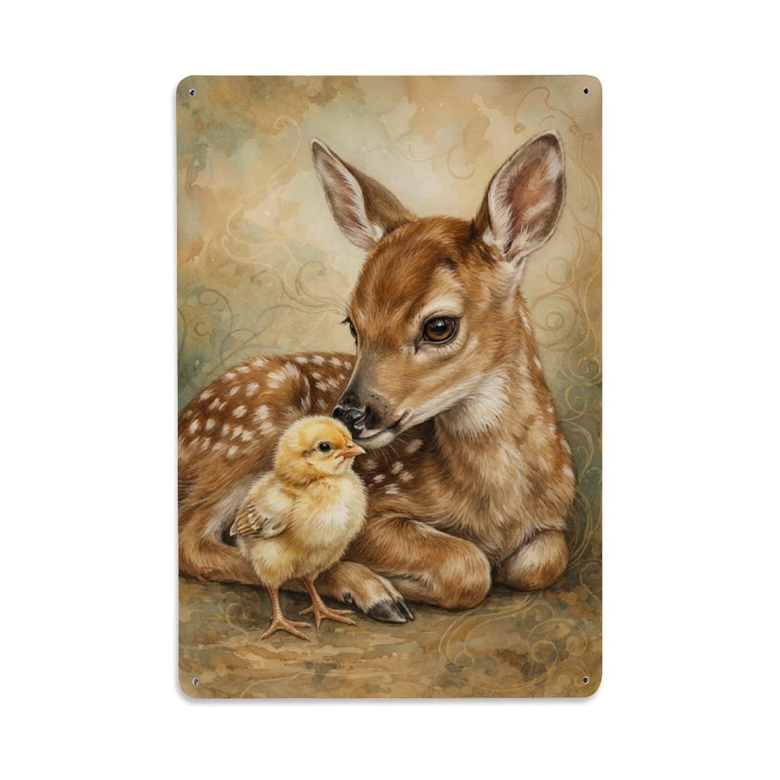 Metal Tin Sign Vintage Animal Cute Fawn & Chick Animal Friendship