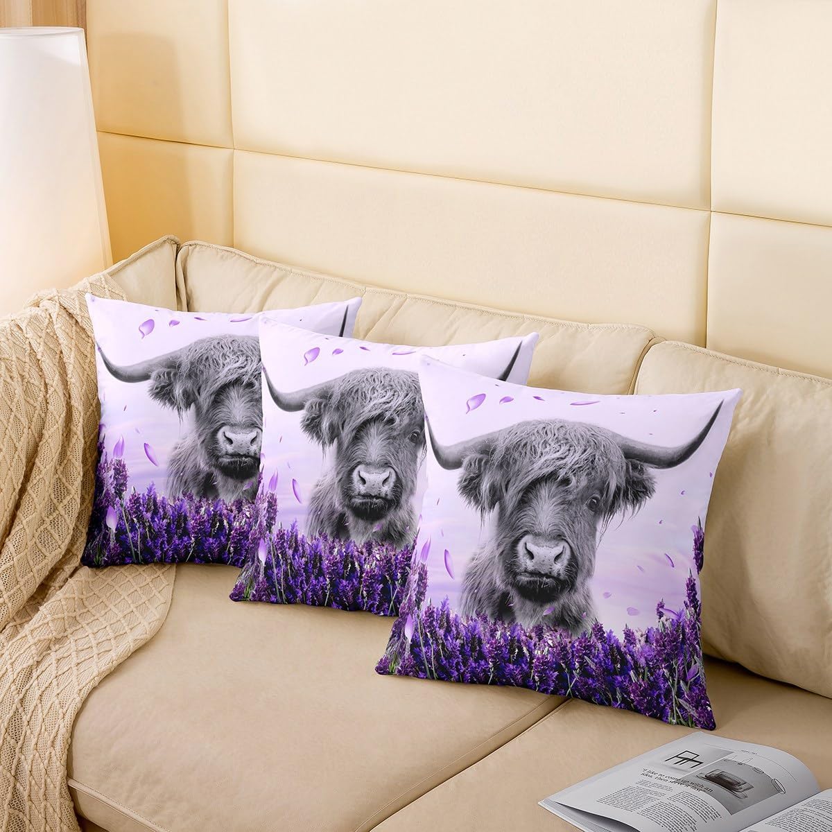 Set of 2 Grey Highland Cattle Pillow Covers 3D Funny Cow Bull Cushion Covers Purple Floral Flowers Throw Pillow Covers Cute Wild Farmhouse Animal Decorative Square Pillow Cases,Room Decor 24x24 Inch