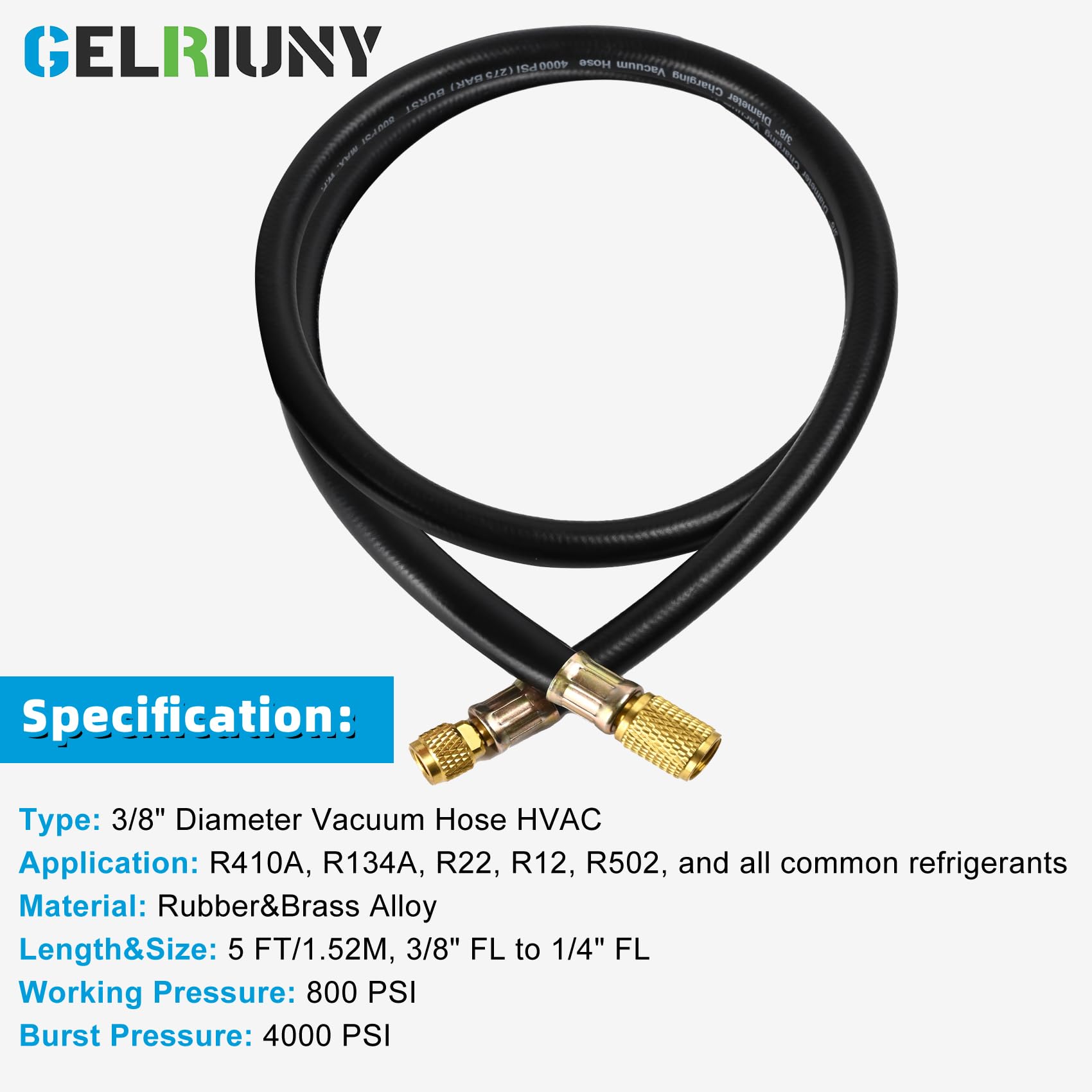 HV1S - Manguera de vacío de 3/8 pulgadas, accesorios: 3/8 pulgadas x 1/4 pulgadas, presión de trabajo: 800 (Psi), presión de ráfaga: 4000 (Psi), compatible con la mayoría de equipos de refrigeración y