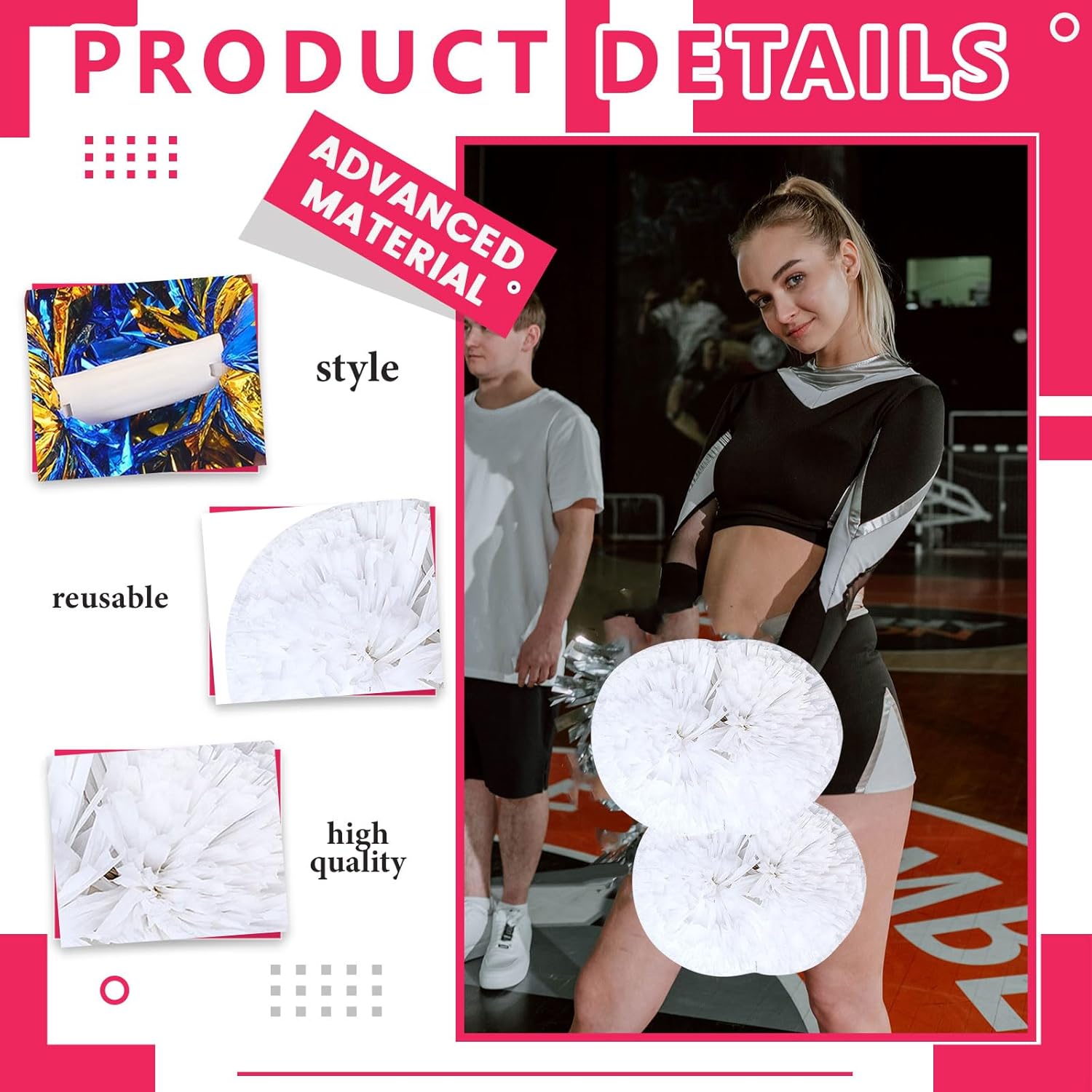 Cheerleader Pom Poms 24 Pack Sports Dance Cheering Plastic Metallic Cheerleading Pom Poms for Kids Adults-Handle Style (White)