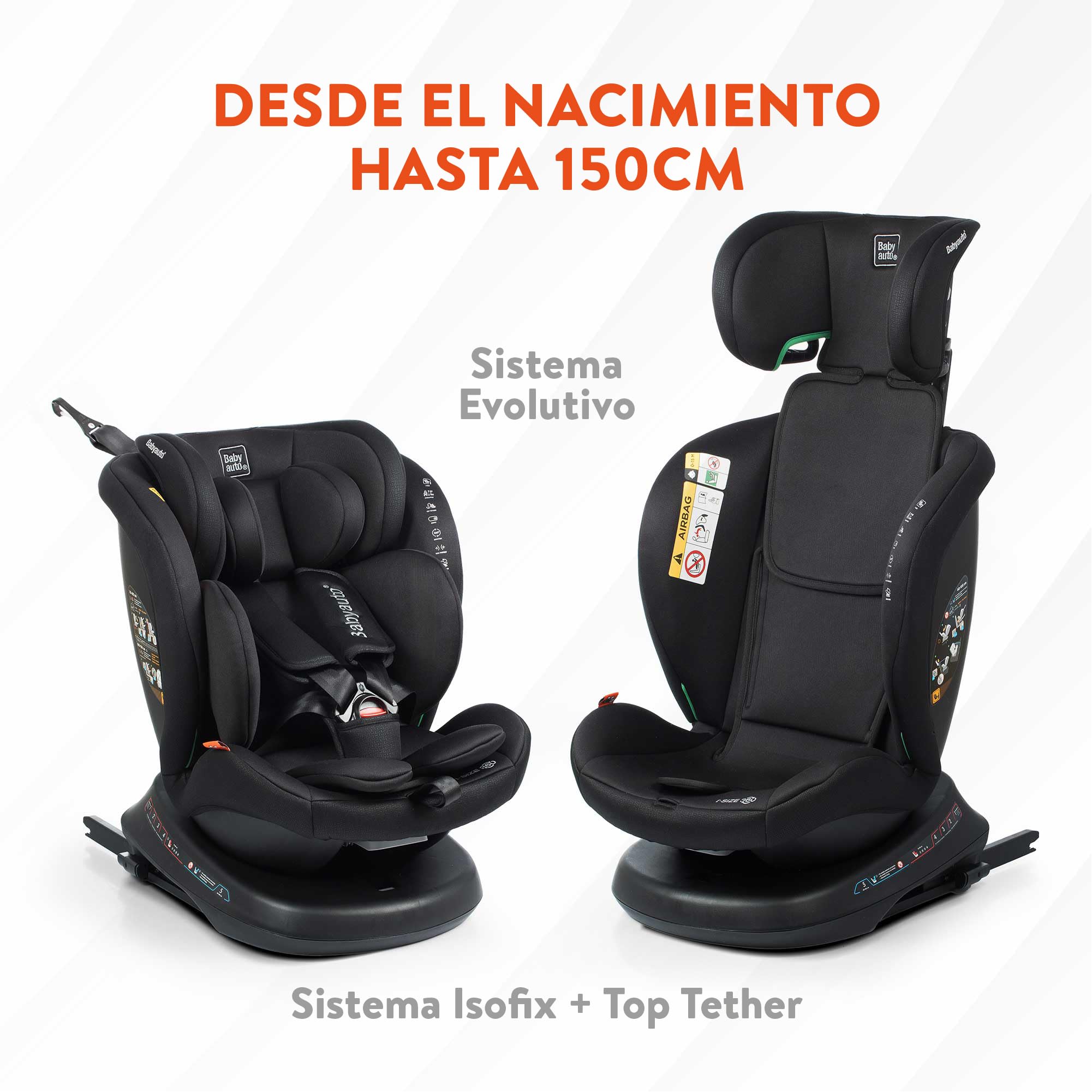 BABYAUTO – Silla de Coche Rodia Plus i-Size (0-12 Años, 40-150 cm, 0-36kg) – A Contramarcha hasta 105 cm – Rotación 360° – ISOFIX – Protección Lateral – Reclinable y Evolutiva – Black Embossed