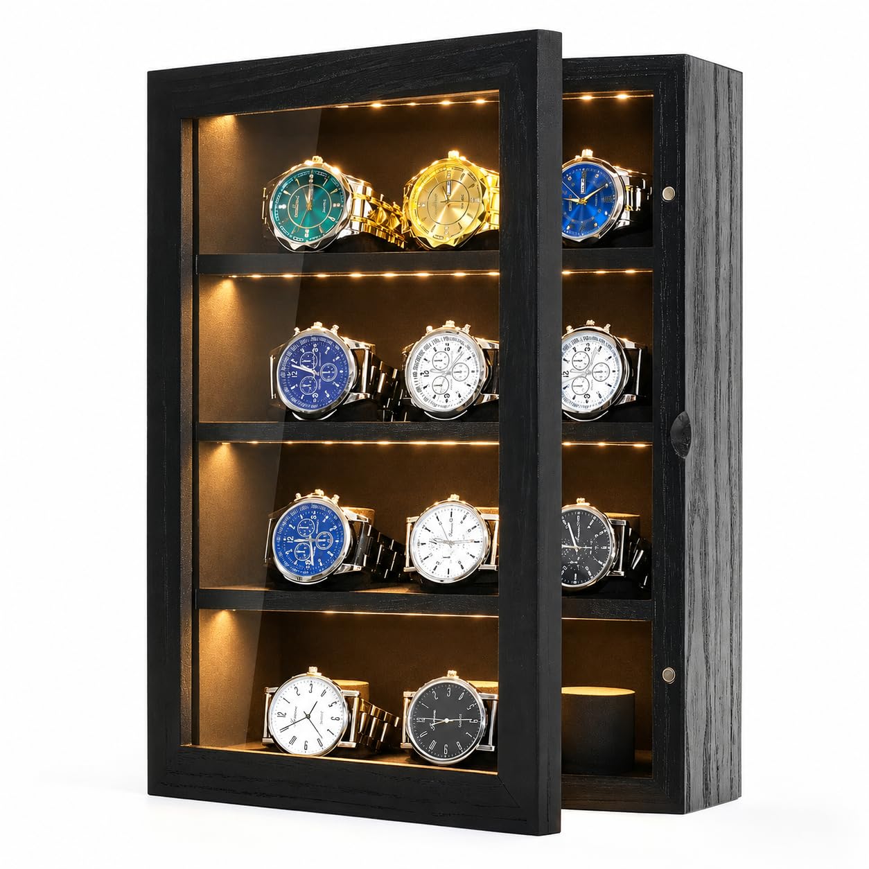 Photo 1 of TAdgnba Watch Cases for Men 12-Slot Watch Display Case with LED Wooden Wall Mount Watch Display 4 Layers Watch Storage Box with Acrylic Magnetic Door & Velvet Lining Gift for Men