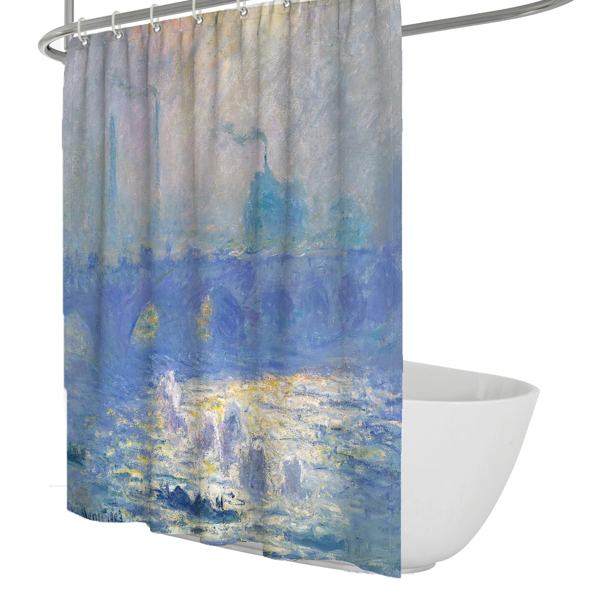 OLLIAR Home London Bridge Shower Curtain Boho Blue Foggy River Oil Painting Classic Art Polyester Fabric Waterproof Bathroom Decoration Set with Hooks 180x180cm