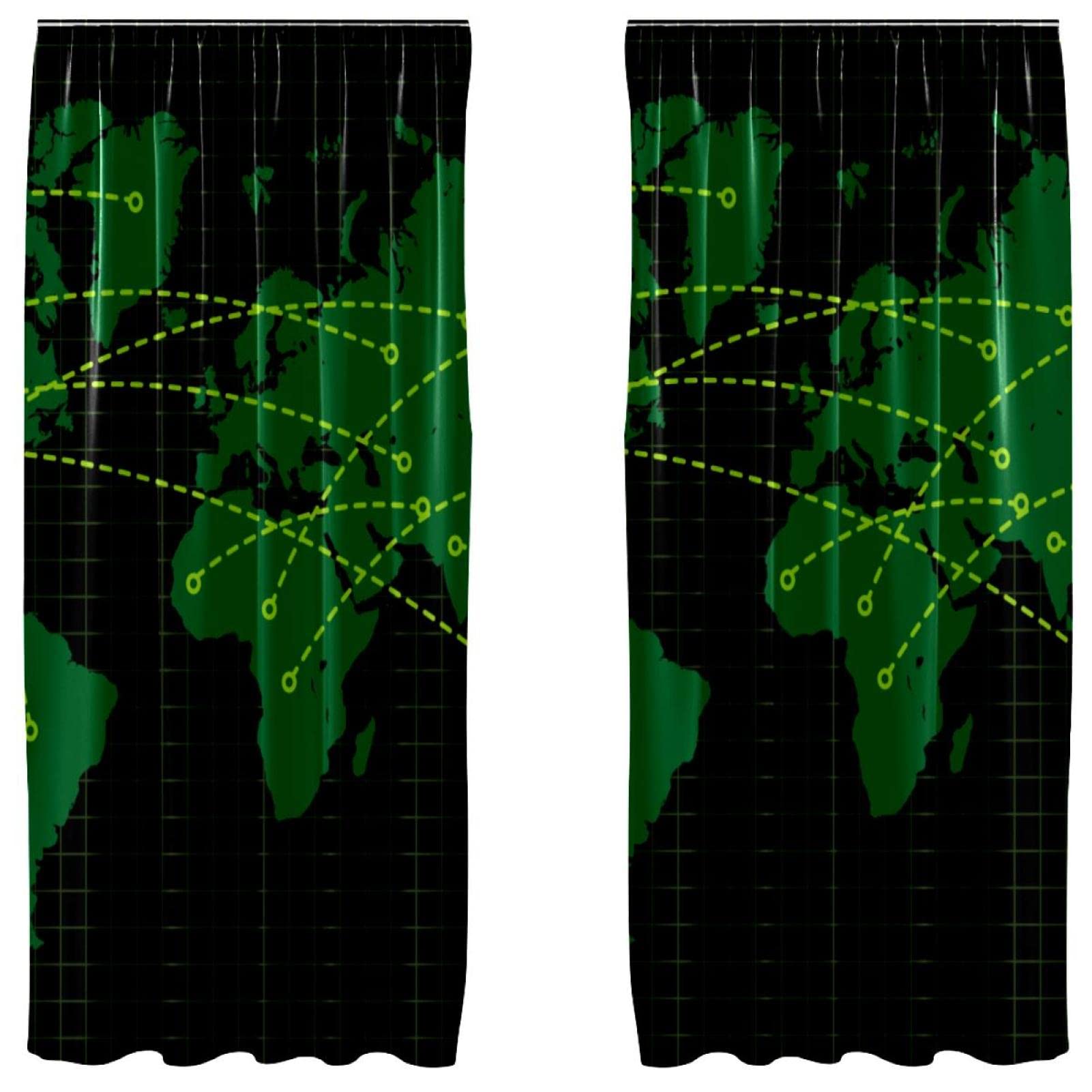 Cortinas de 2 paneles para sala con estampado de mapa del mundo y cuadros verdes