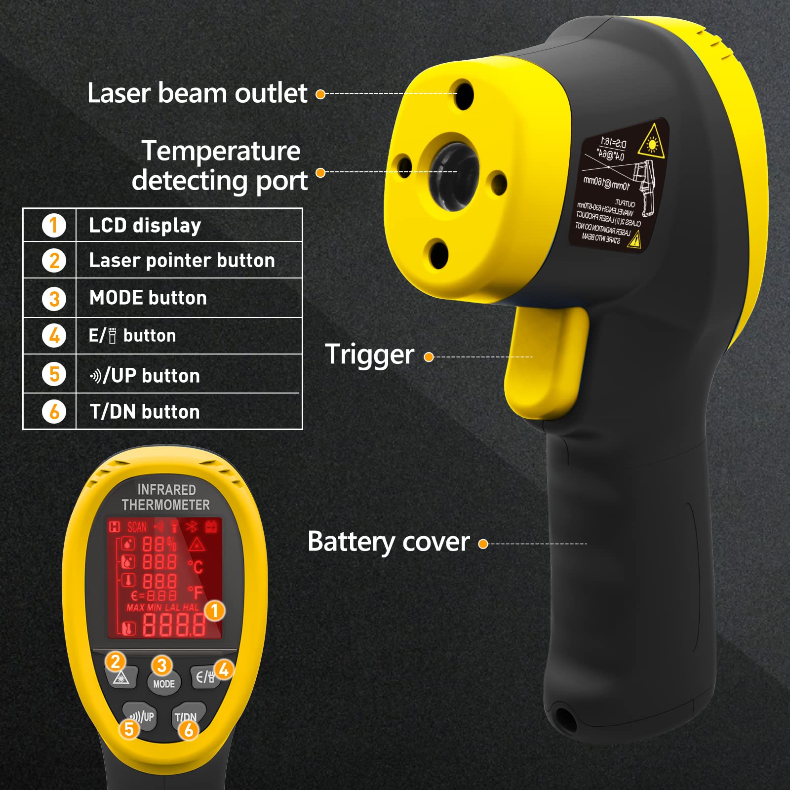 Thermomètre Infrarouge -50℃ à 800℃ à Double Laser Pyromètre 4 en 1 avec Humidité, Température Ambiante, Point de Rosée, Écran Couleur & Alarme 【Non adapté aux personnes】