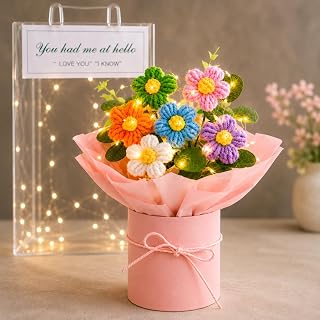 PulGos 𝟏𝐩𝐜𝐬 Artificial Crochet Flower Bouquet with LED Light| Handmade Yarn Knitted Floral Bunch for Home & Office Déc... Price In India