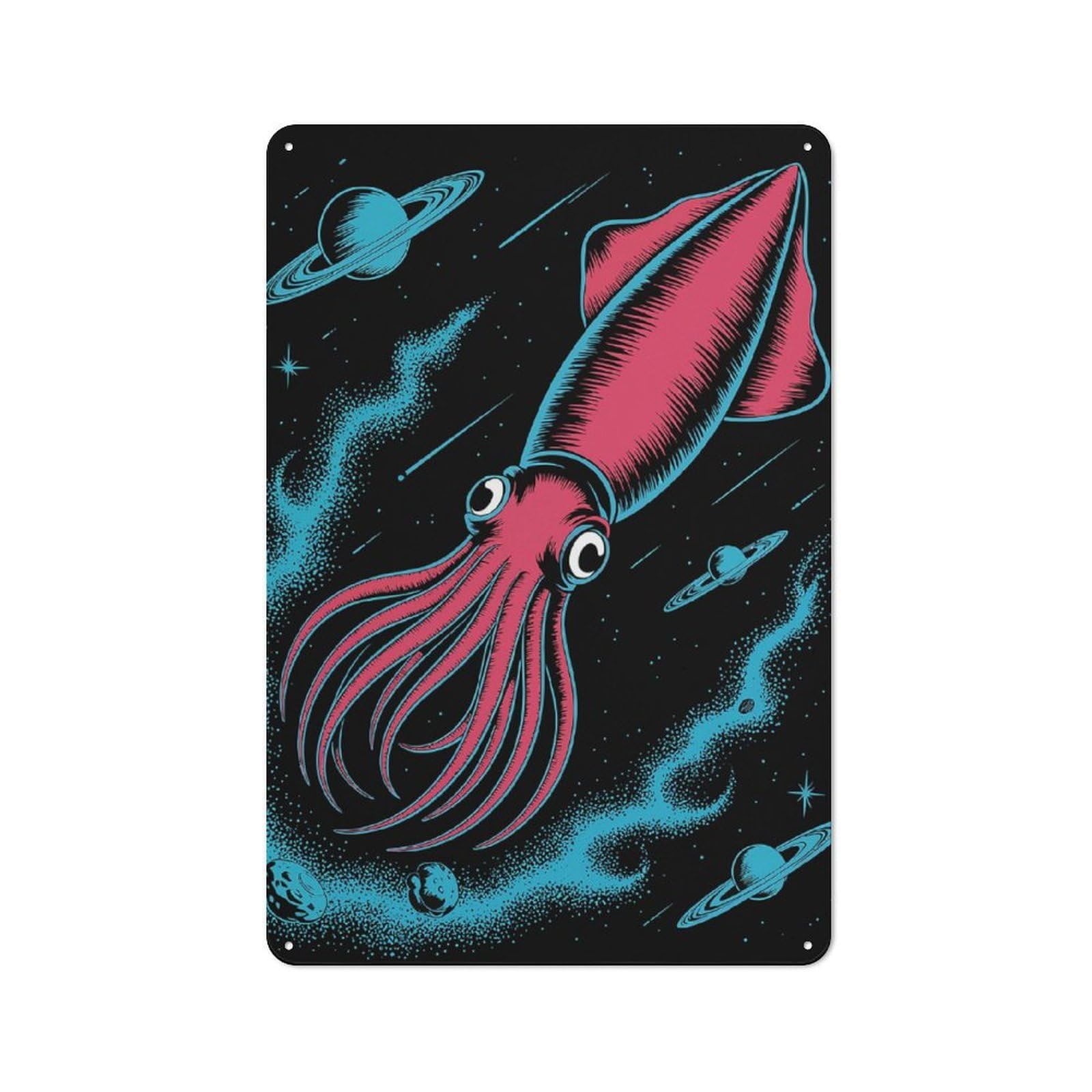 Junmoney Cosmic Squid Illustration Rustic Metal Plaque 30X20cm For Hobby Room Or Studio, For Vintage Wall Decor Fans, For Garage And Workshop Walls