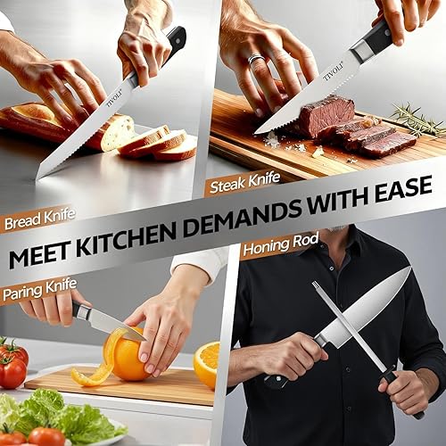 Miniatura 5 de TIVOLI Juego de cuchillos de acero inoxidable de alta calidad de 15 piezas para cocina con bloque y varilla de afilar, juegos de bloques de