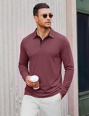 COOFANDY Mens Long Sleeve Polo Shirts Button Casual Tee Collared Work Pullover Shirts