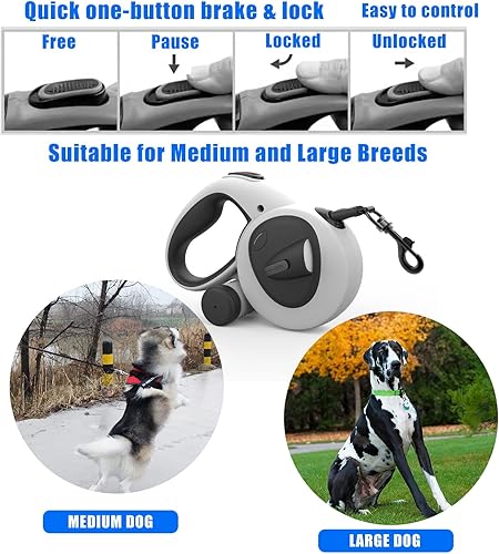 Miniatura 6 de HCY&WLD Correa retráctil 4 en 1 mejorada para perro con luz LED, dispensador y bolsas para excrementos, correa resistente de 16 pies para perros con