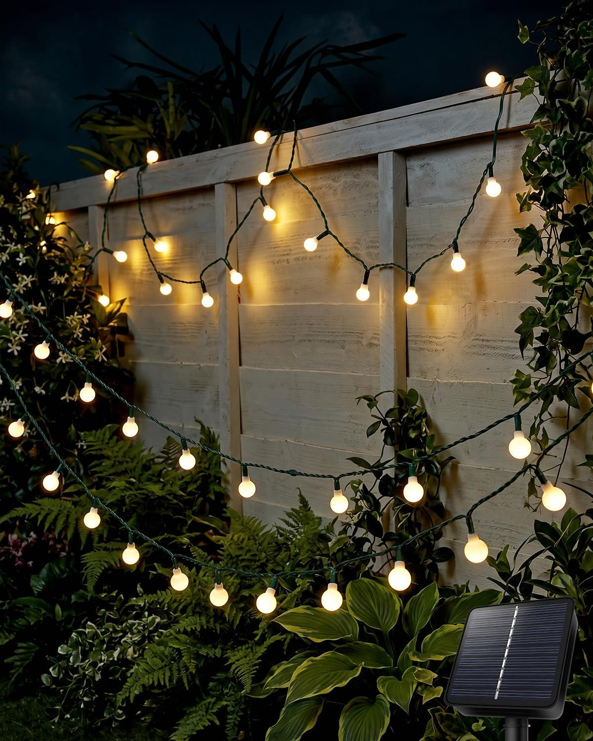Cadena de luces solares para exteriores, 14 metros, 120 LED, bola blanca, 8 modos de iluminación, resistente al agua IP65, blanco cálido, ideal para jardín, balcón, terraza y árboles
