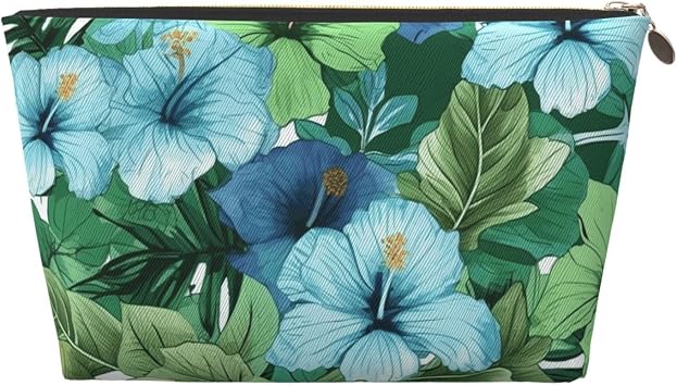 Leather Makeup Bag Travel Toiletry Bag Green and blue hibiscus flowers Cosmetic Bag Zipper Large Pencil Bag for Women Men