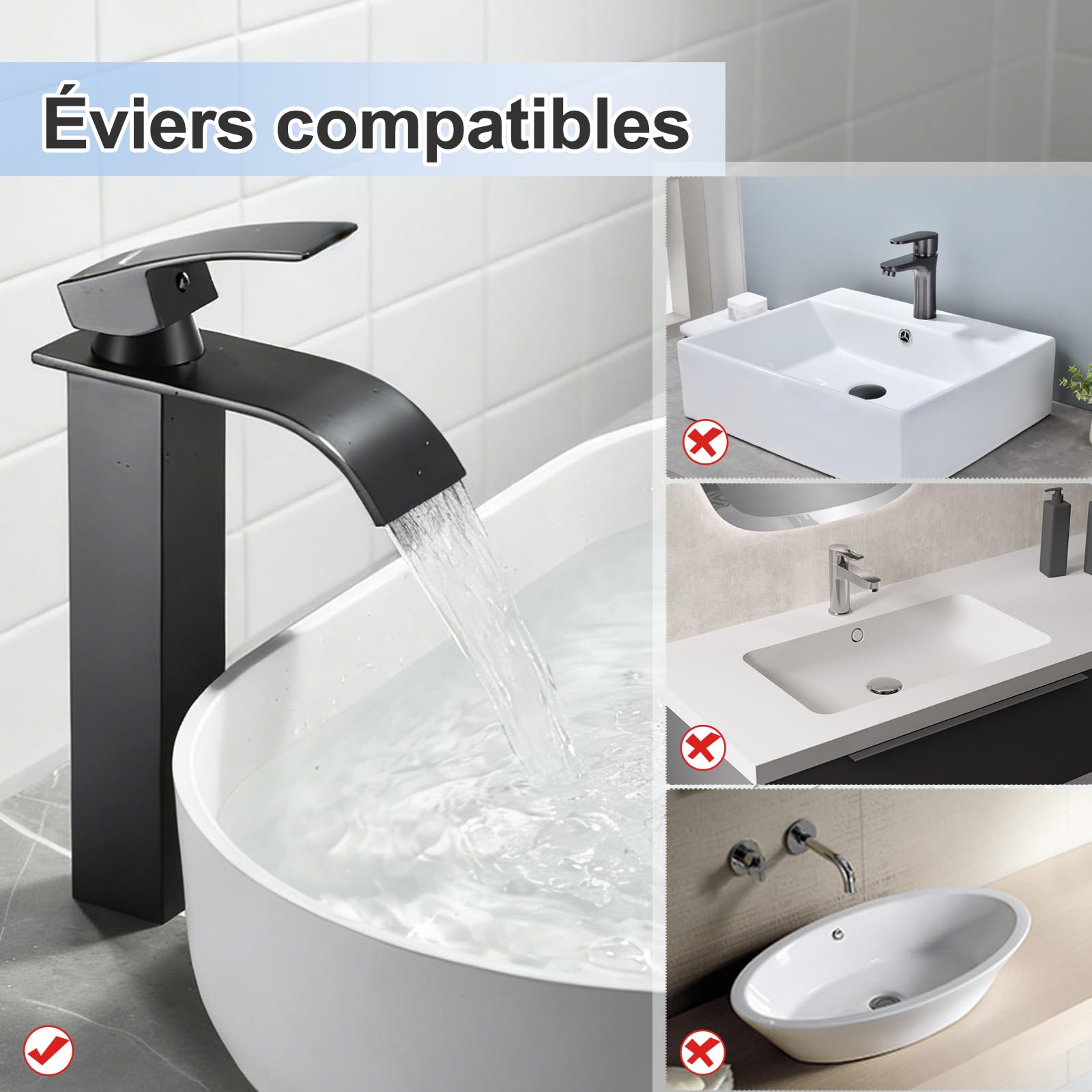 Robinet Lavabo Haut Noir Convient Aux Lavabos à Poser, Lavabo