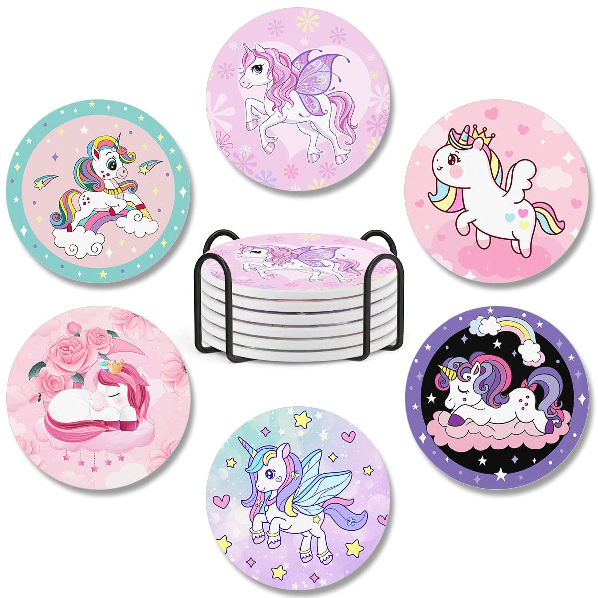 CUBICER Pack 6 Coasters Unicorn Ceramic Coaster with Cork Base Housewarming Gifts for Women Adults Coffee Table Desk Car Cup Holders Home Decor Kitchen Accessories Cold Drinks Absorbent
