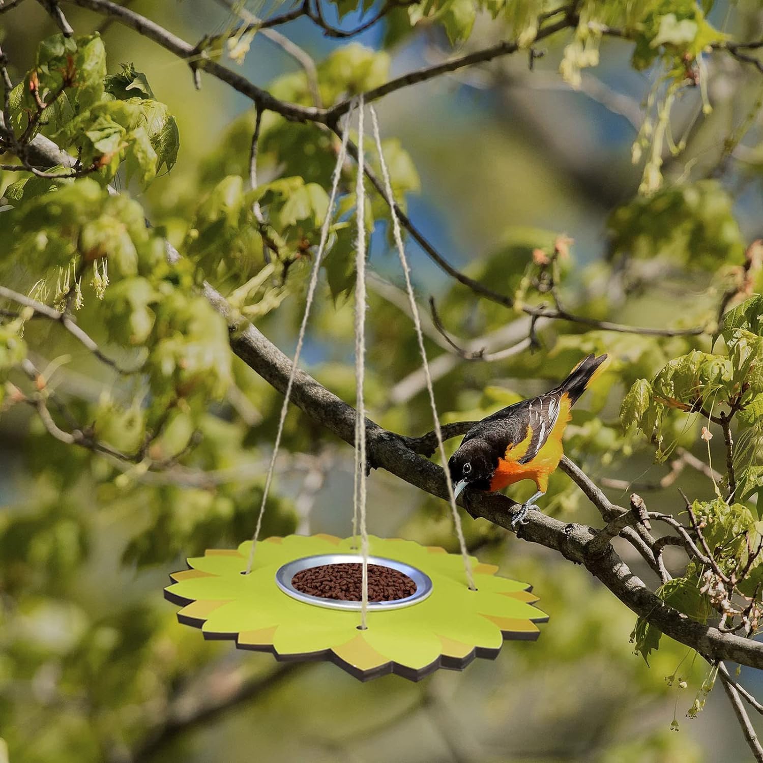 Automatische Vogelhäuschen für den Außenbereich. Hängende Futterschalen für Vögel aus Holz. Vogelhäuschen in Blumenform zum