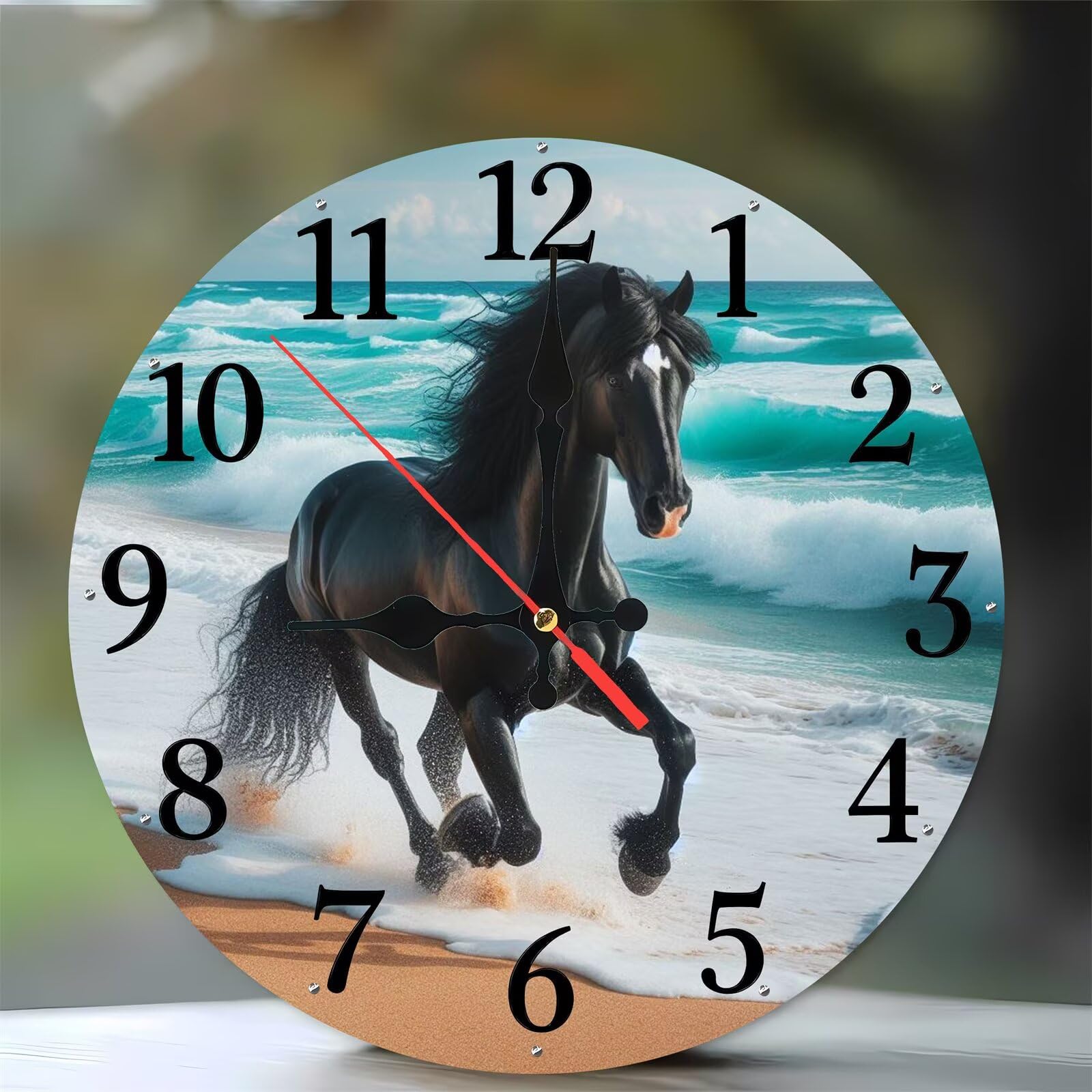 Jinmer 10 Inch Wall Clock,Seaside Black Horse Modern Silent Non ticking Clocks, Wooden Frameless Round Easy to Read wall clock for Kitchen/Living Room/Bedroom/Bathroom