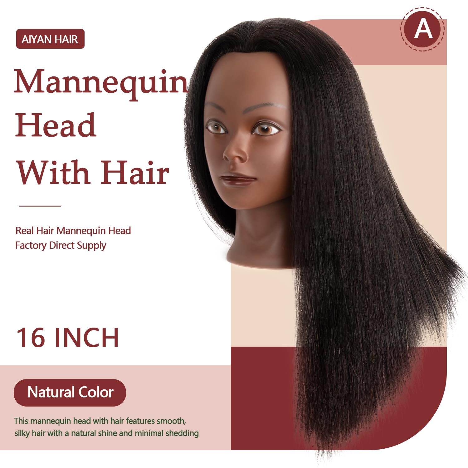 Ineffable 16" Trainingskopf Schaufensterpuppenkopf mit Echthaar Puppenkopf mit Haaren 100% Echthaar Schaufensterpuppenkopf Puppentrainingskopf mit freiem Klemmhalter (C14)