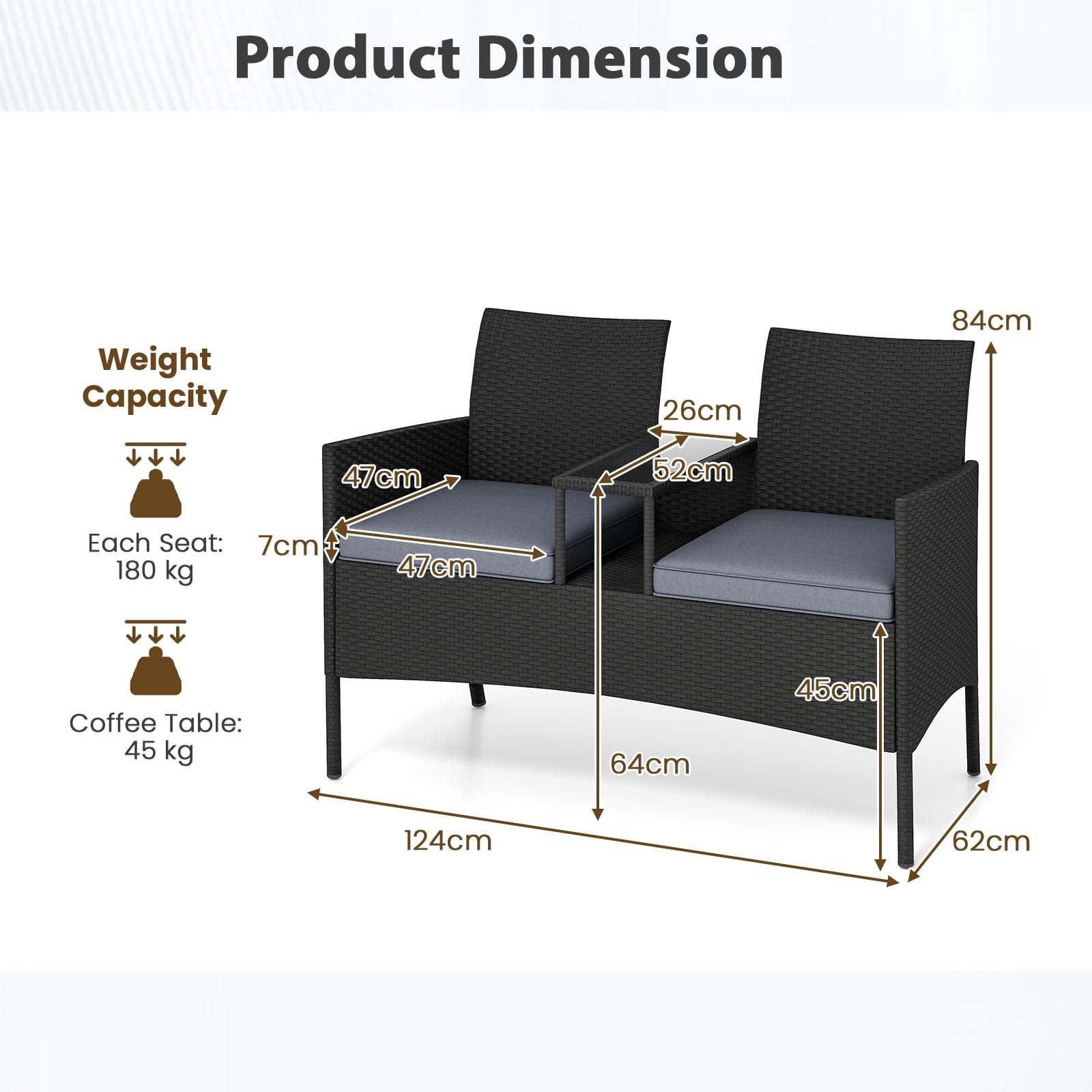 LIFEZEAL Banc Double de Jardin en Rotin PE avec Table en Verre Trempé, Fauteuil de Balcon 2 Personnes avec Coussin, Salon 2 Places avec Coussins, Mobilier de Terrasse, Patio, Charge 360 kg (Gris)