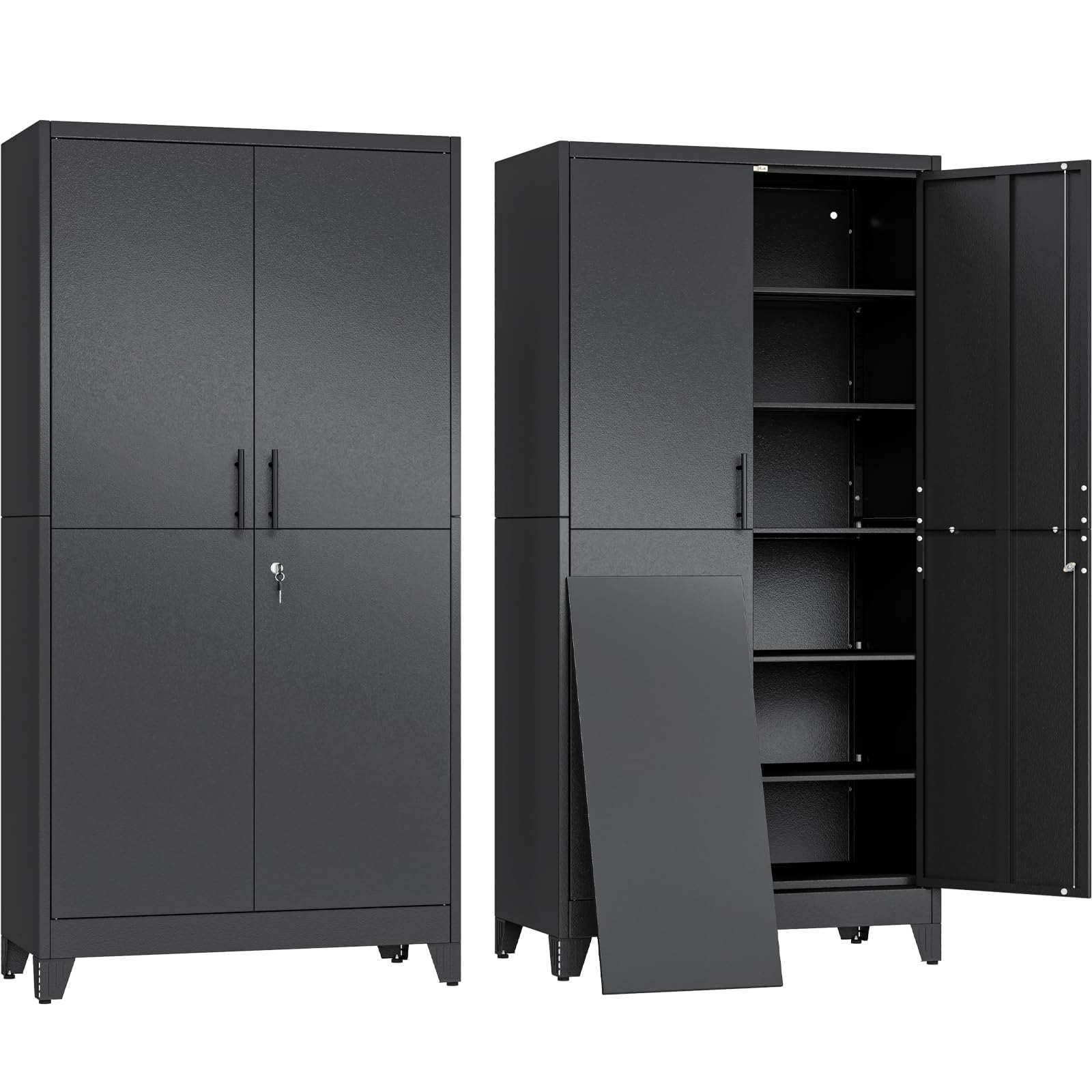 erosoei 79" H Metal Garage Storage Cabinet, Black 2‑Door Metal Pantry Cabinet, Steel Locker Cabinet with 5 Adjustable Shelves, Freestanding Cupboard for Garage, Office, Home, Gym, School