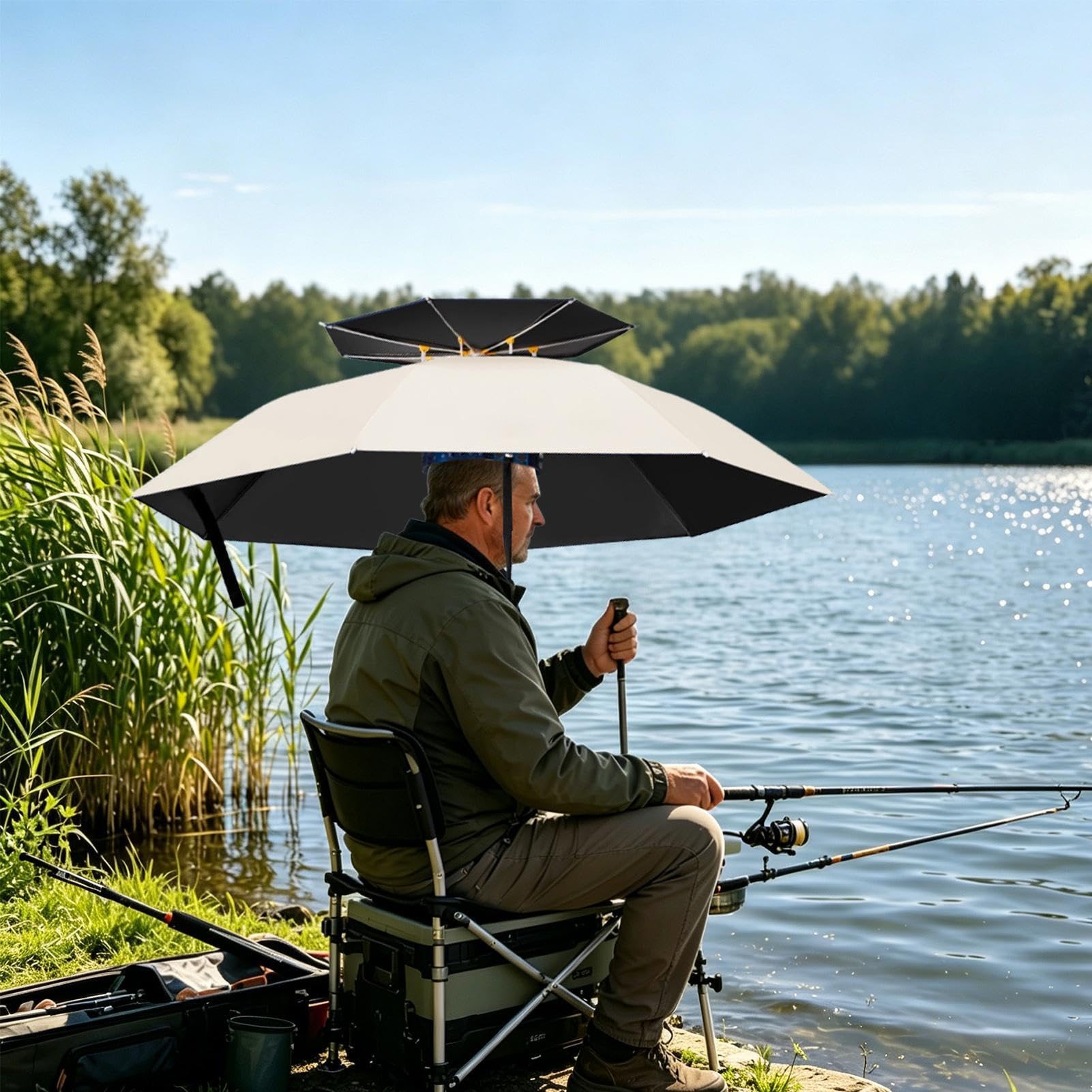 Sombrero Paraguas Para Adultos,Protección Contra Rayos UV Impermeable Ajustable de Doble Capa - Paraguas De Cabeza Para Uso Exterior - Para Viajes Al Aire Libre Senderismo Parques Caminatas Jardinería