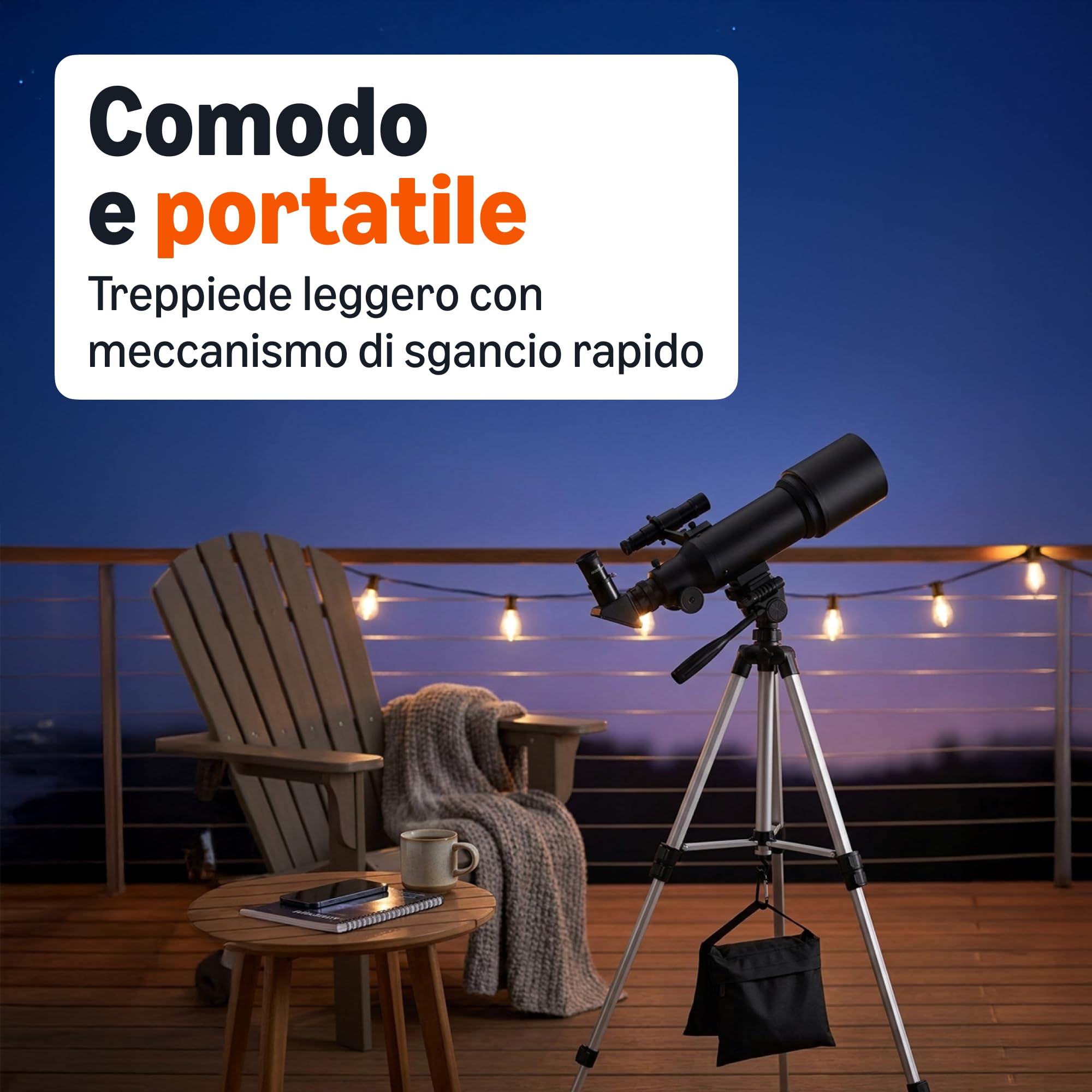 Amazon Basics Telescopio, Apertura 70 mm, Montatura Altazimutale da 400 mm, Portatile con Treppiede, Supporto per Telefono, Borsa, Nero