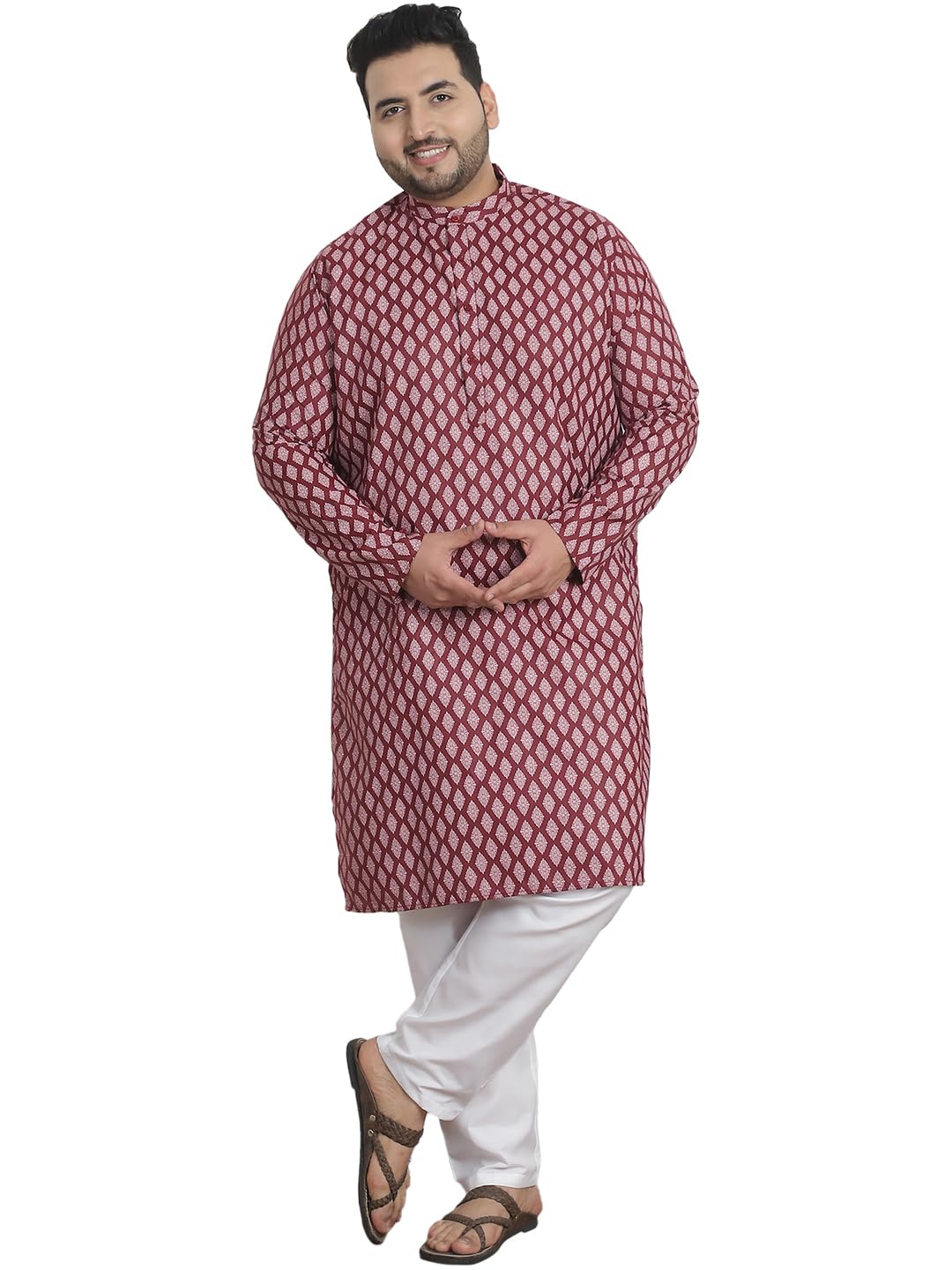 Sojanya Plus (Since 1958) Men's Cotton Blend Printed Maroon Kurta With White Churidar Pyjama