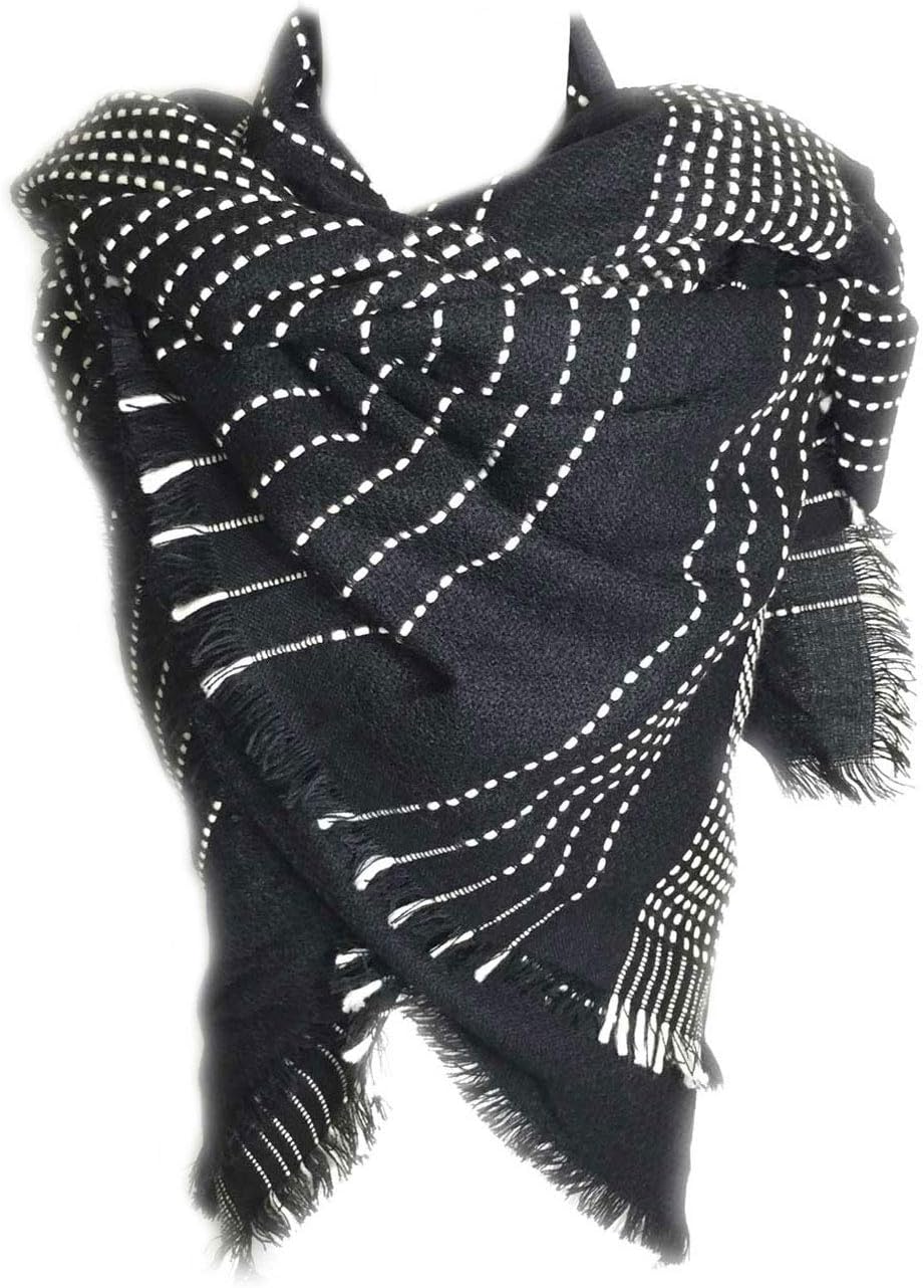 aesthetinc Square Oversize Thick Thread Contrast Stitched Stripe Frayed Blanket Scarf Wrap Shawl (Black)