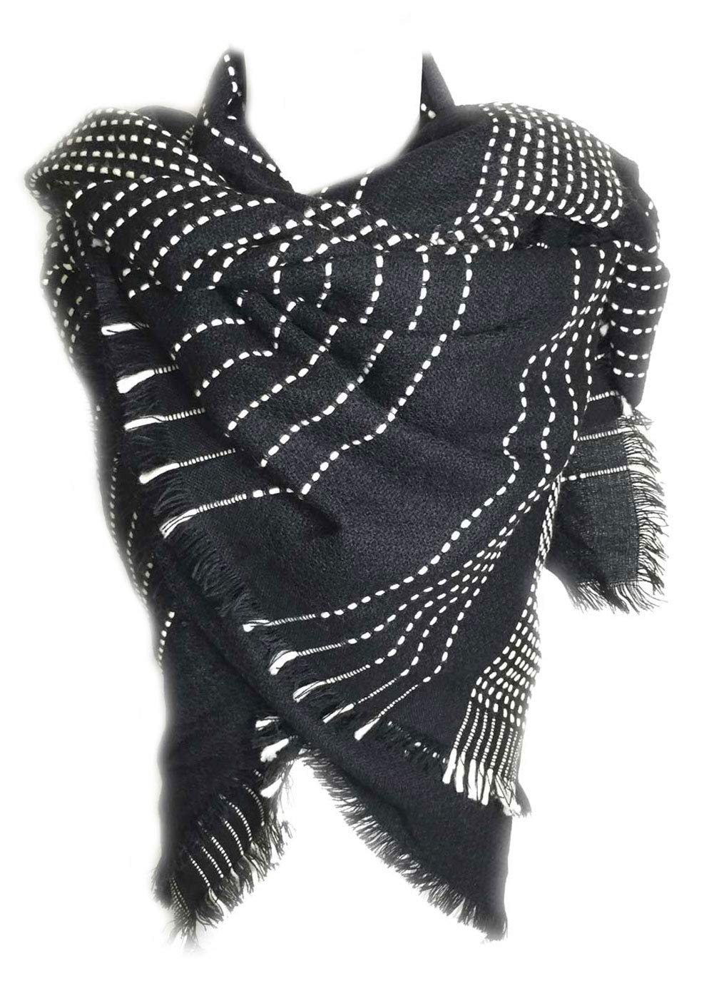 Aesthetinc Square Oversize Thick Thread Contrast Stitched Stripe Frayed Blanket Scarf Wrap Shawl