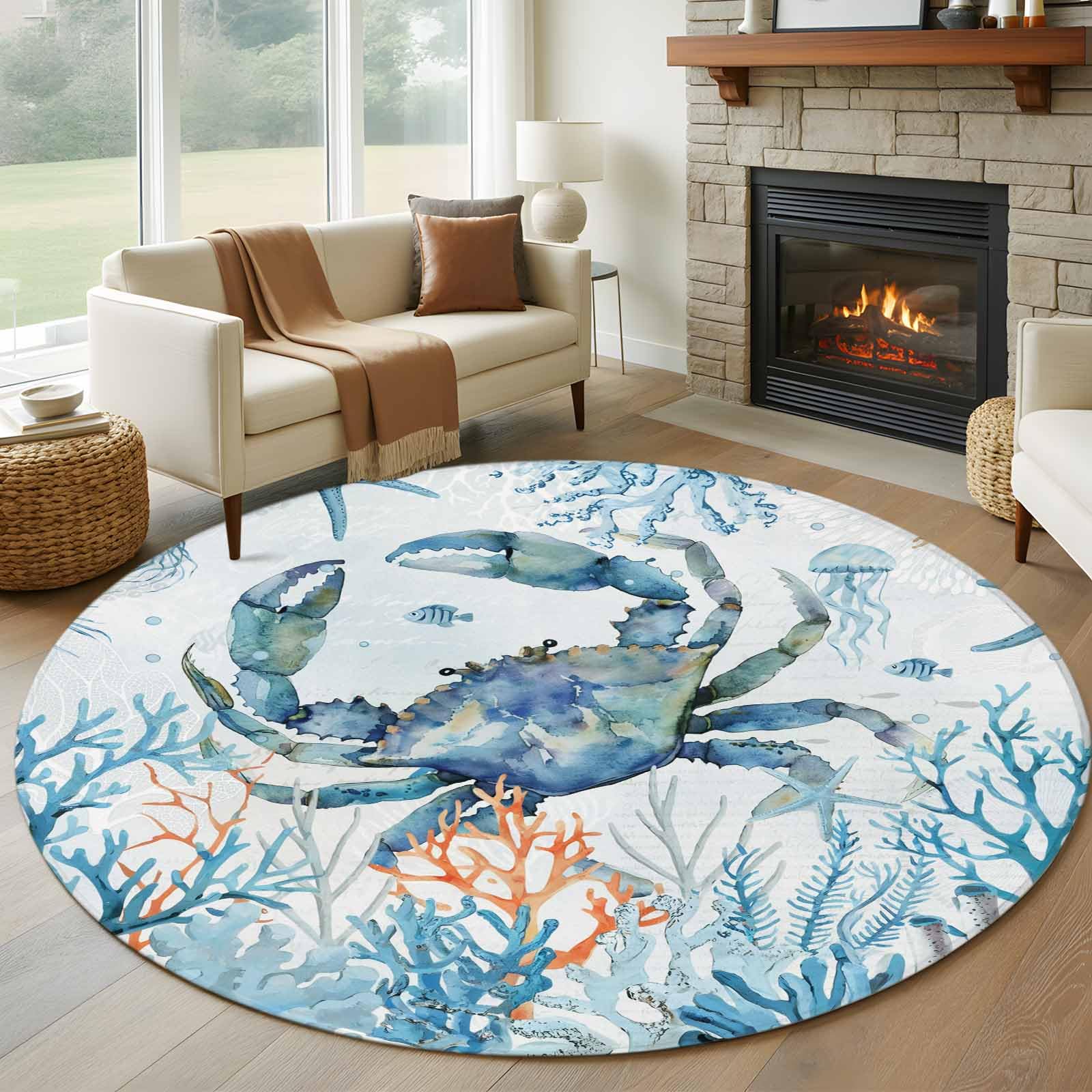 Huotupsine Coastal Crab Round Area Rugs, Blue Summer Beach Coral Nautical Non-Skid Children Playing Mat, 6ft Soft Circle Farmhouse Rugs for Living