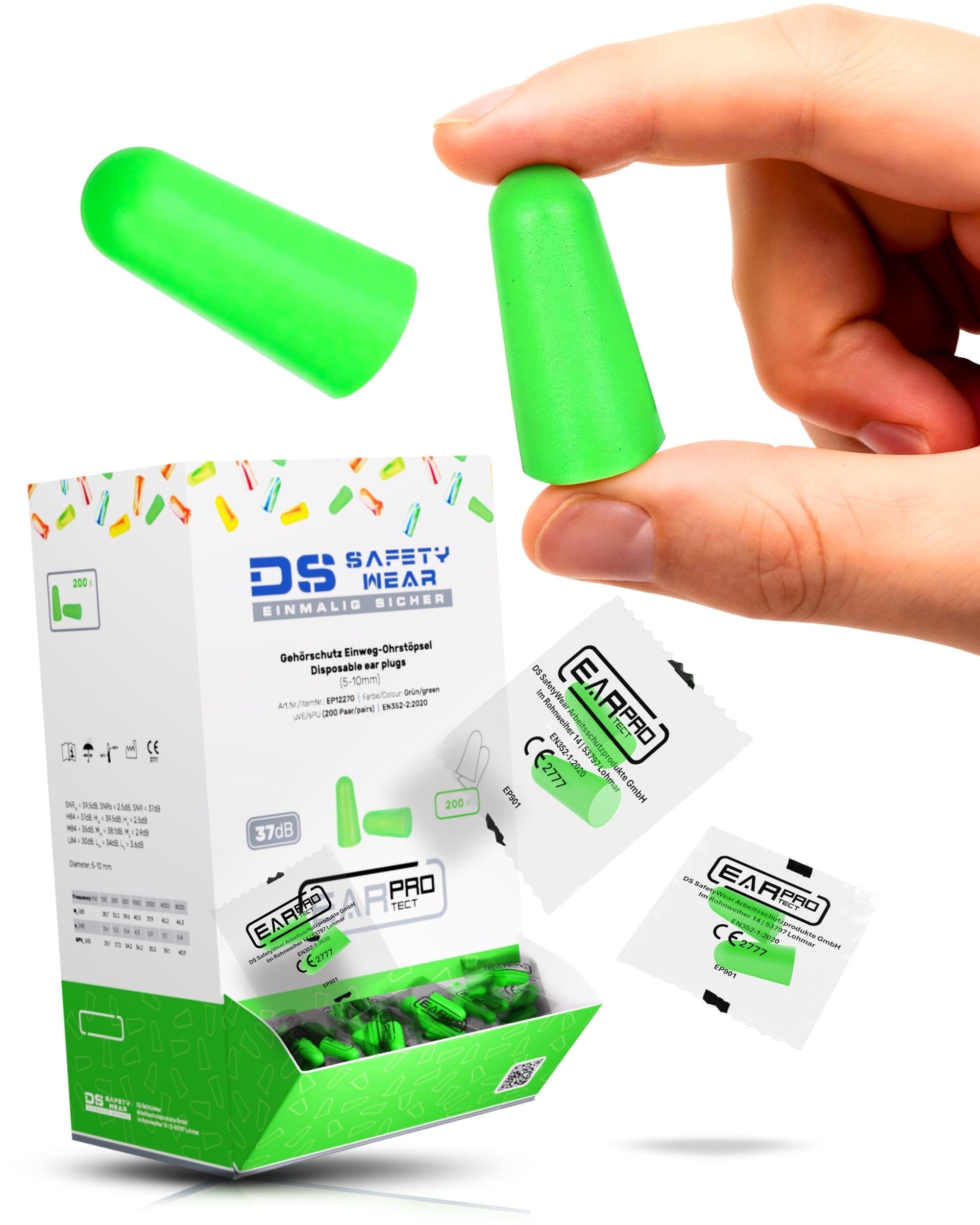 200 pares de tapones para los oídos de trabajo, 37 dB, protección contra el ruido industrial, protección laboral, verde, 165 × 113 × 280 mm