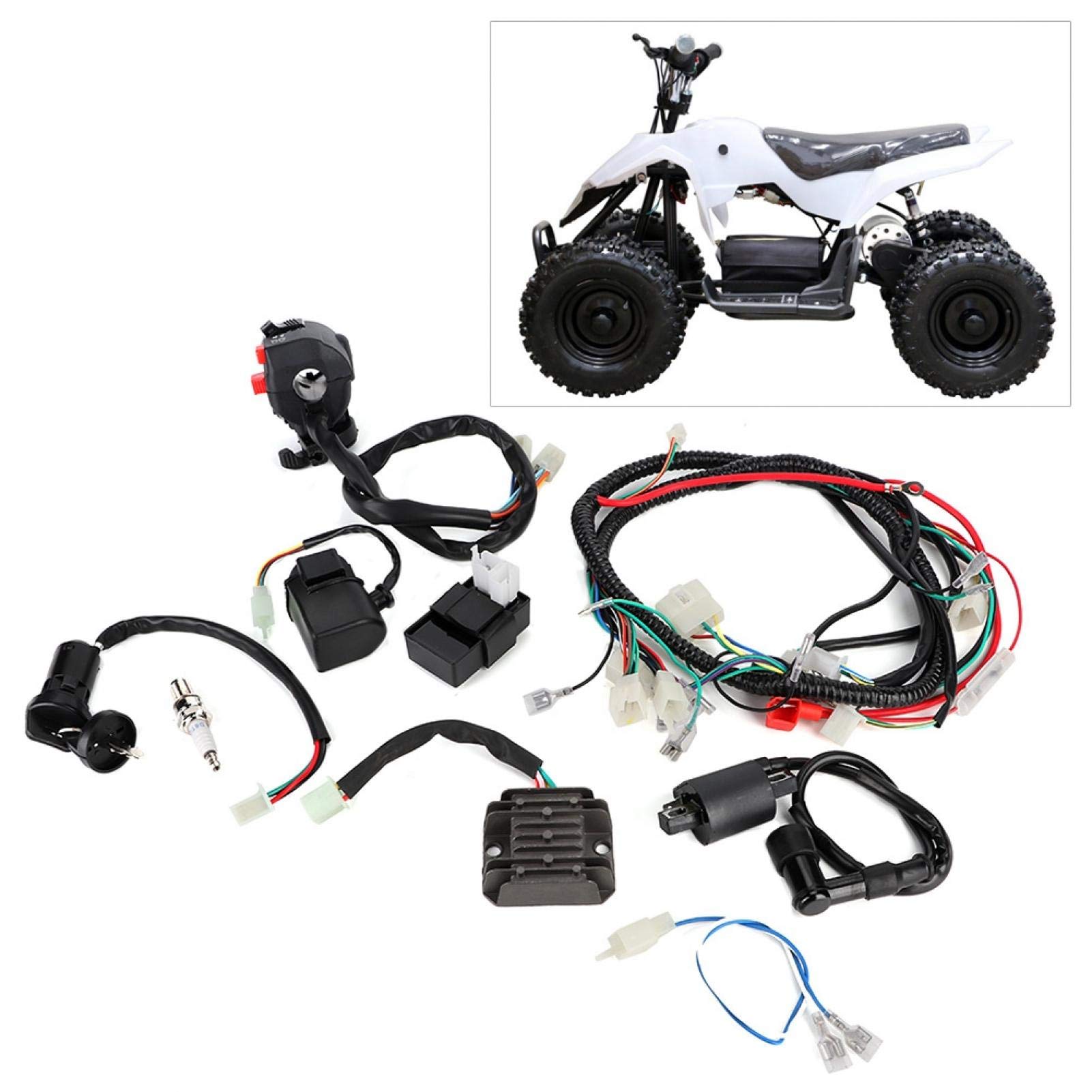 Kit Completo di Cablaggio Quadruplo Kit di Cablaggio Elettrico ATV con Relè Solenoide Interruttore di Accensione CDI per Quad ATV 200-300cc