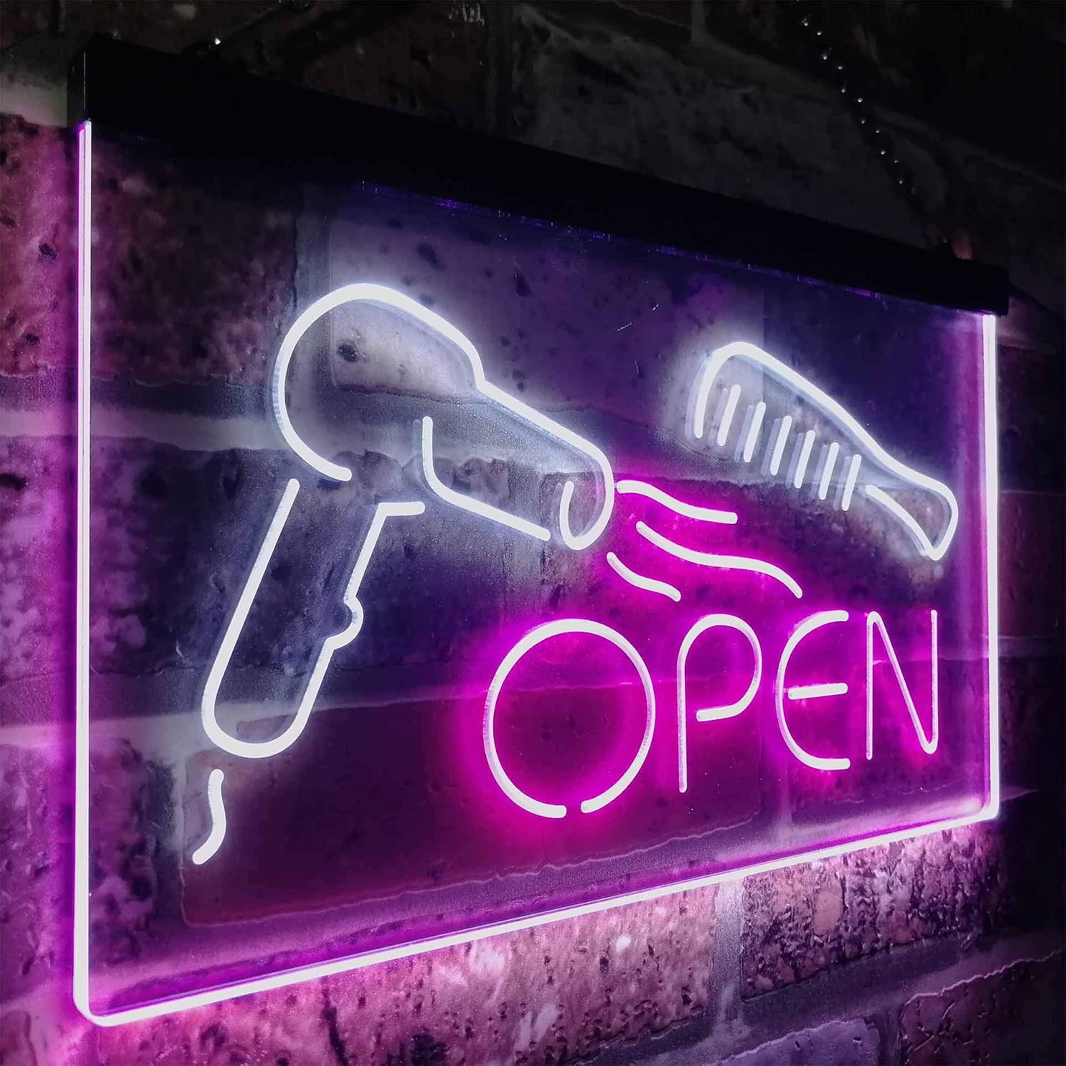 ADVPRO Open Hair Salon Dryer Comb Wall Décor Dual Color LED Neon Sign White & Purple 24" x 16" st6s64-i2031-wp