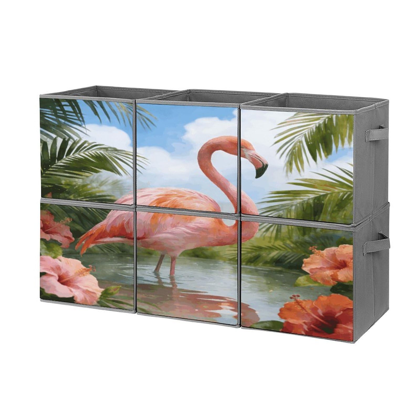 Fodpand Style Watercolor Tropical Flamingo Cube Bins With Double Handles,Set Of 6 Cube Organizer, Stackable And Foldable Storage Bins For Organization, Closet, Shelves, Offices