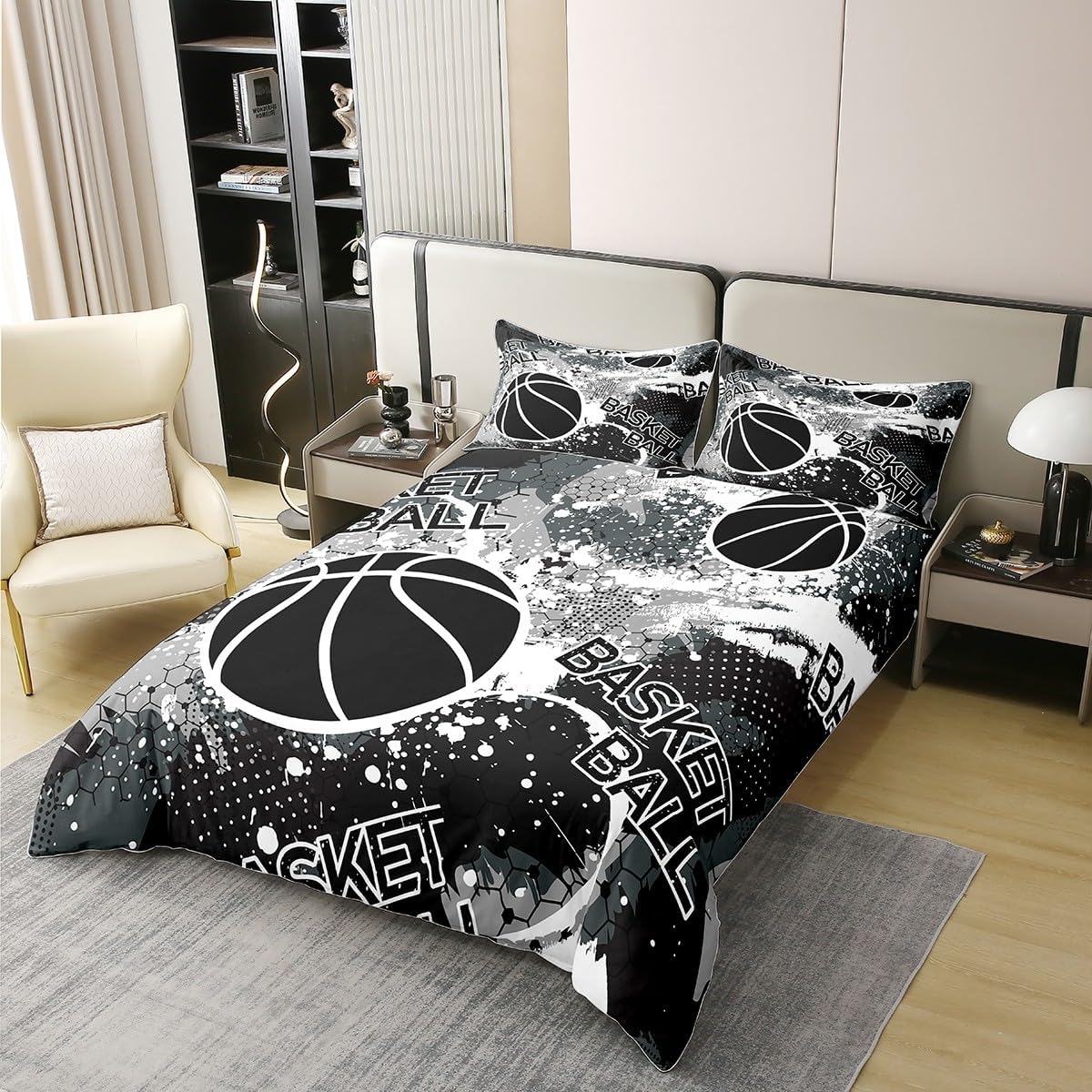 Feelyou Grey Basketball Duvet Cover 100% Cotton Full Size Gaming Sports Comforter Cover Set Gift for Basketball Lover Honeycomb Bedding Set Basketball Player Bedspread Cover Quilt Cover,No Comforter
