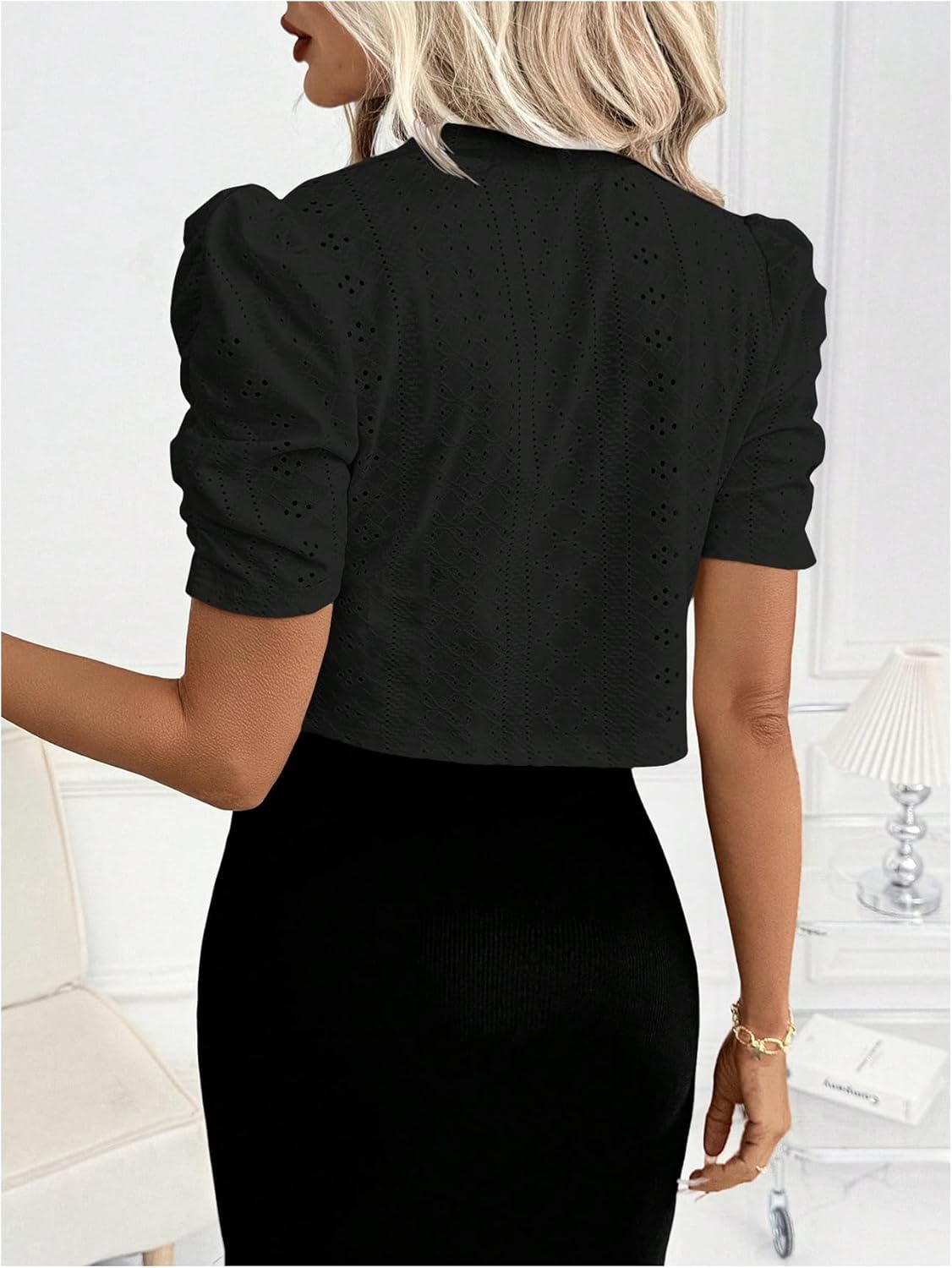 OYOANGLE Women's Short Puff Sleeve Cropped Bolero Shrug Knit Pointelle Open Front Business Cardigans - Image 2