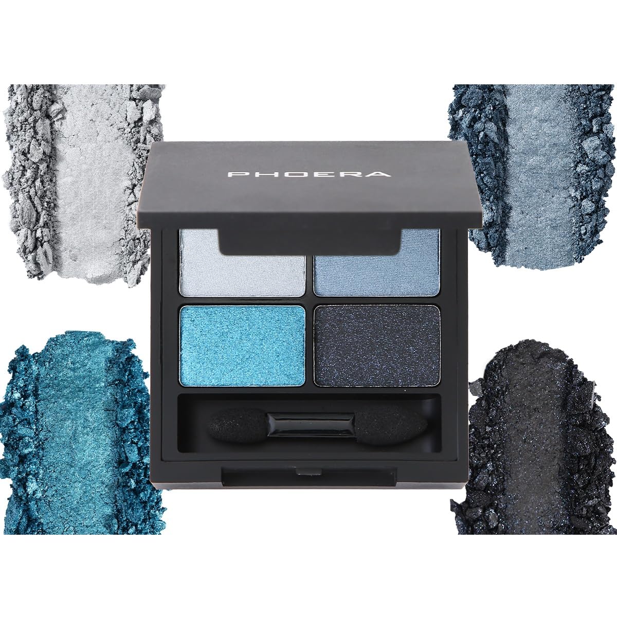 PHOERA 4-in-1 Ultimate Shadow Palette, 4 Highly Pigmented Shades, Icy Blue, Periwinkle, Cerulean, Black with Blue Flecks