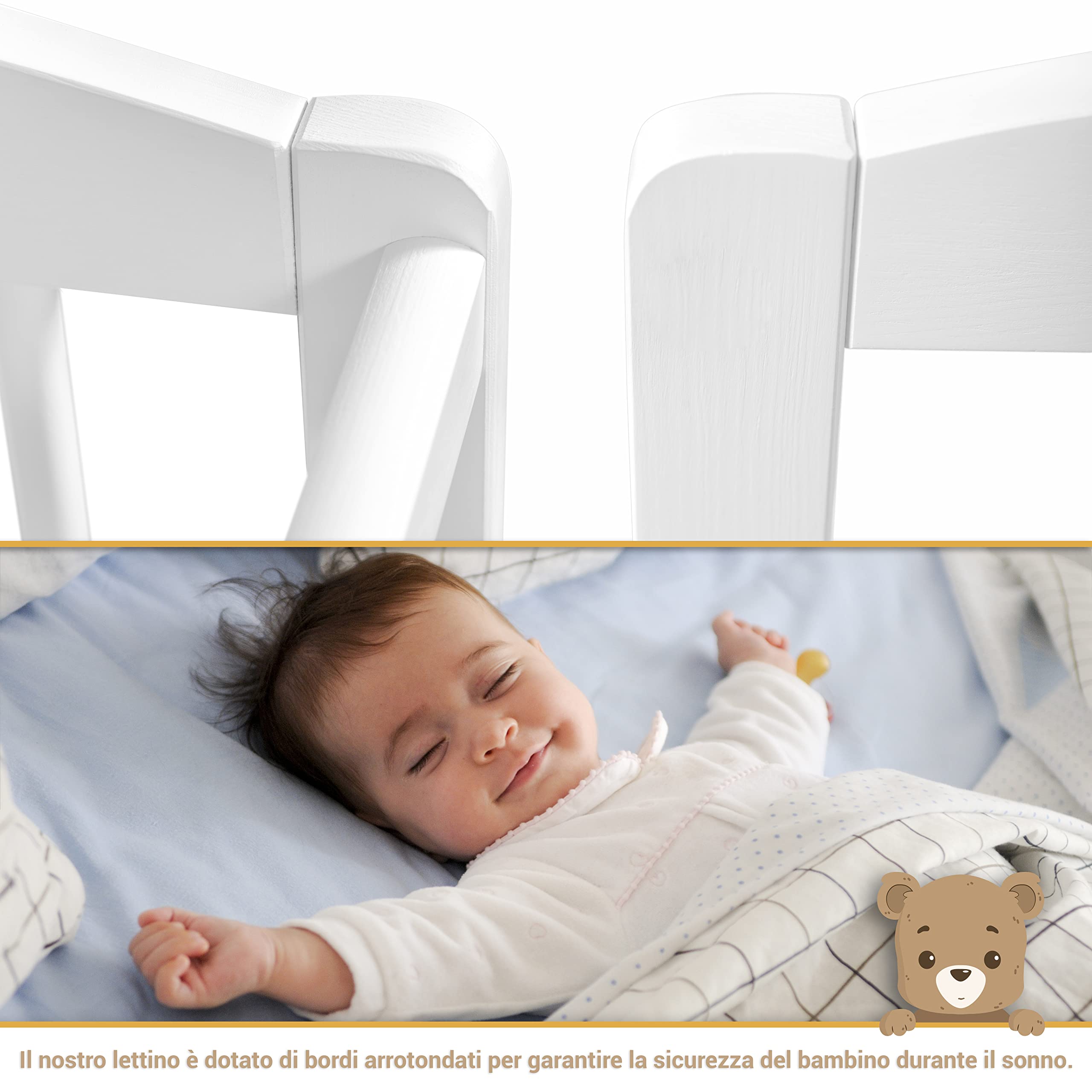 Lettino Neonato 2in1 con Sponda regolabile e Cassetto - Lettino Bambino con 3 Sbarre Estraibili - Lettino in Legno con Barriera di Sicurezza - Trasformabile in Letto Bambini - 60x120 Bianco