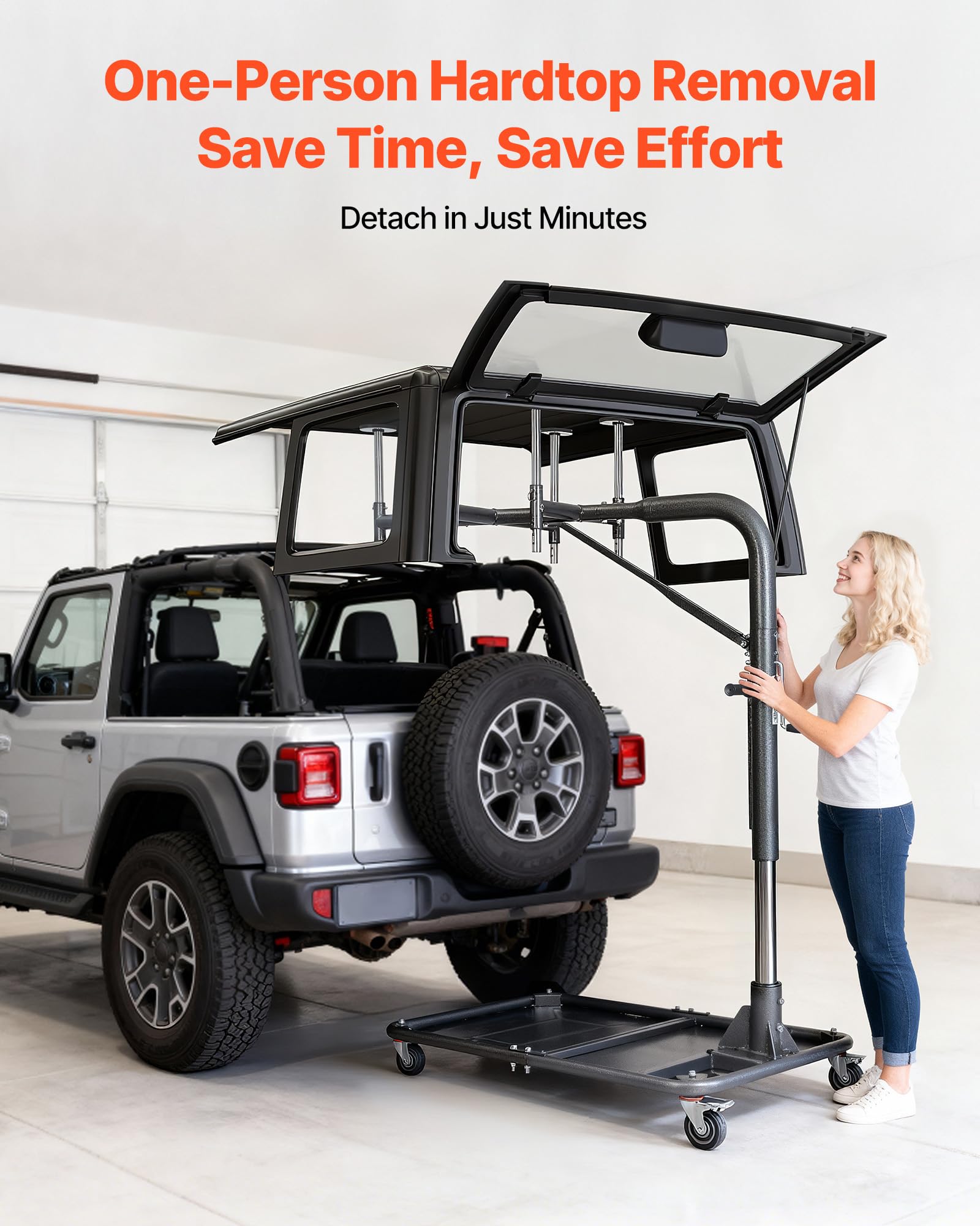 VEVOR Hard Top Remover Lift, 220 lbs, Jeep Hardtop Removal and Storage System, Quick & Easy One-Person Operation, Adjustable Height, for Jeep Wrangler YJ, TJ, JK, JL, 4XE, Ford Bronco 4 Door & 6 Gen+ - 3
