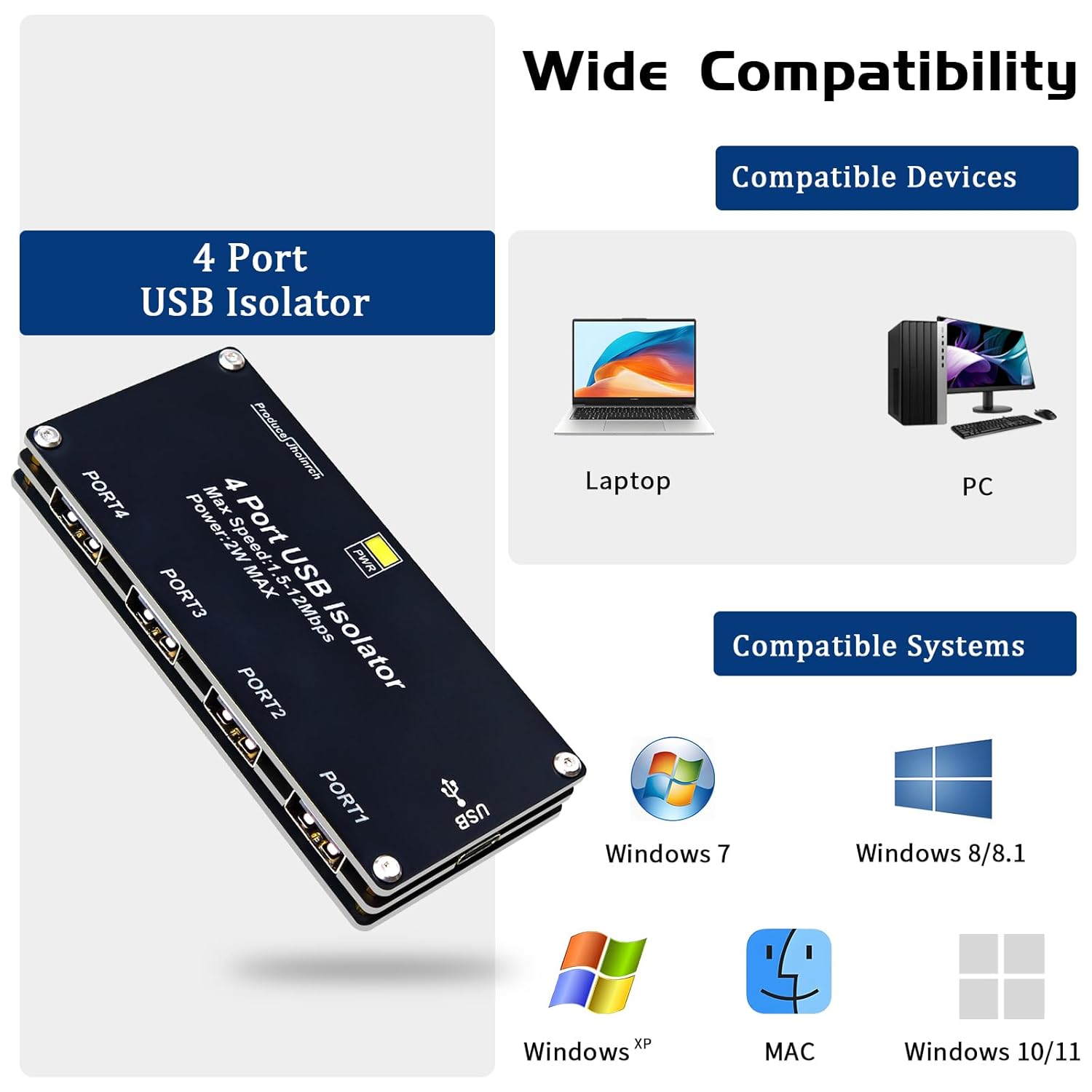 4 Port USB Isolator onboard Adum3160 Chip 2W 5V Regulated Power Supply Supports 12Mbps Speeds and 1.5KV Voltage Isolation