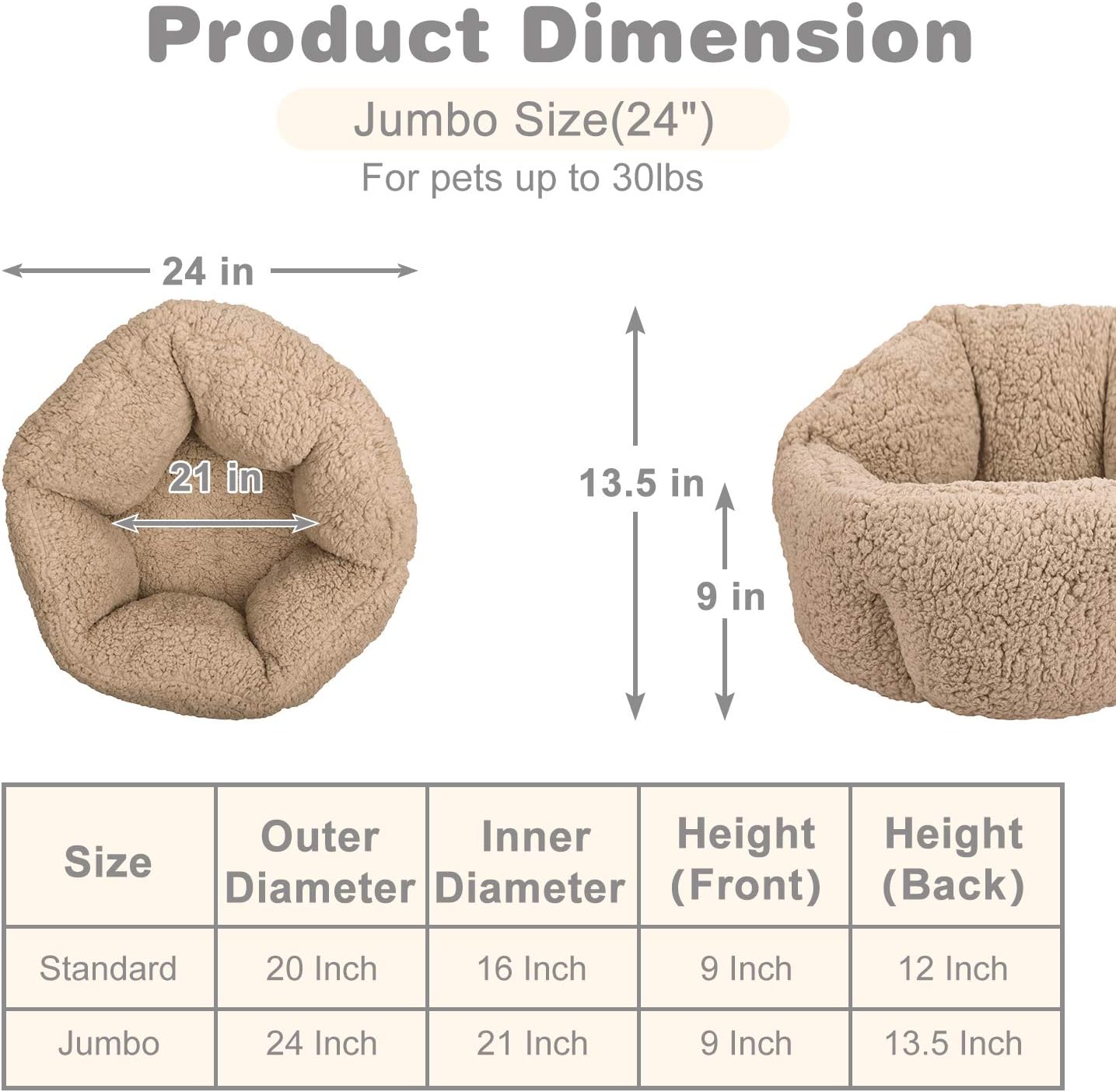 FURTIME Small Dog Bed & Cat Bed, Round Cat Beds for Indoor Cats, Ultra Soft Washable Plush Calming Dog Bed, Self Warming Kitten Puppy Bed with Anti-Slip Bottom High Walls Design (Jumbo(24"), Beige)