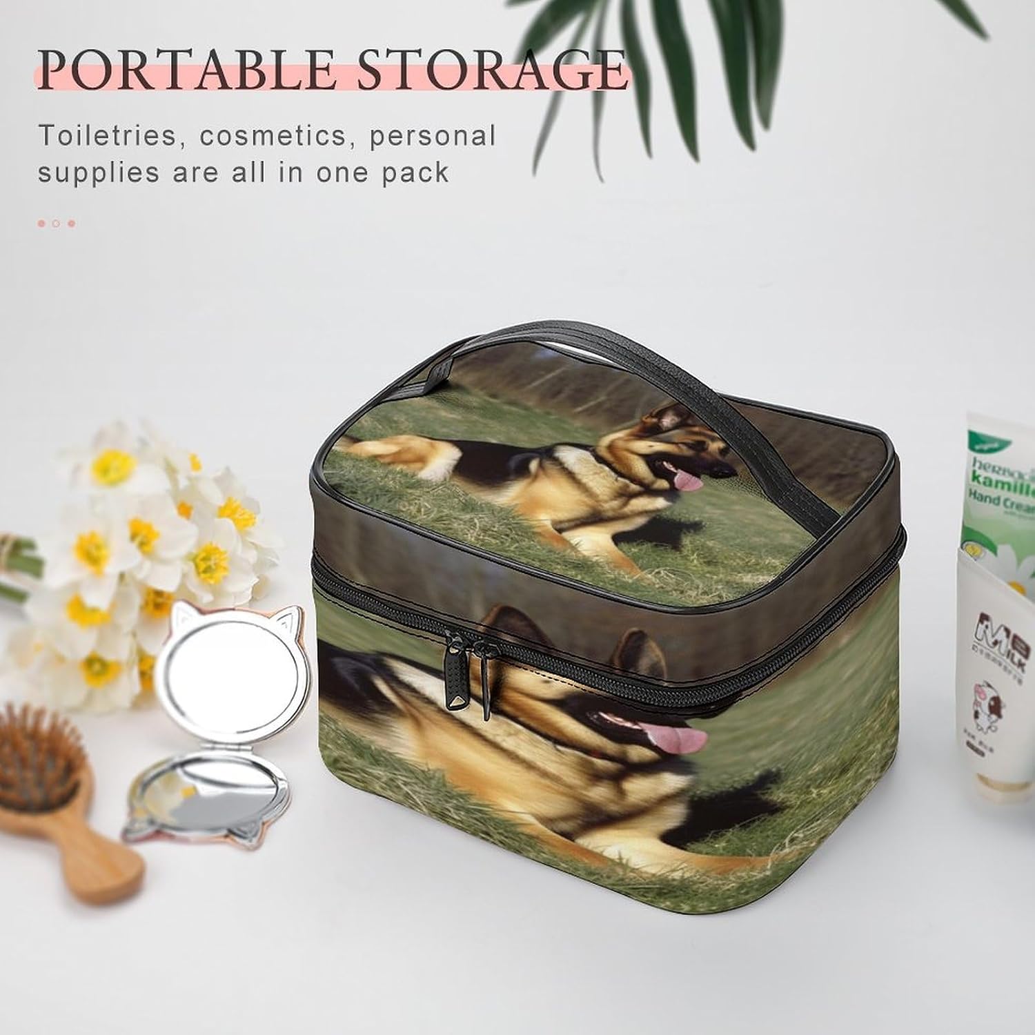 German Shepherd Dog Makeup Bag with Handle Fashion Portable Travel Toiletry Bag Exquisite Large Capacity Cosmetic Bags Lightweight Travel Accessories Storage Bags for Women image 5