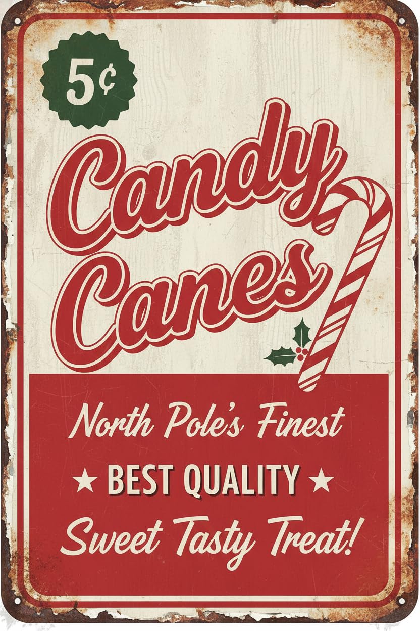Vintage Metal Tin Sign Metal Signs - Candy Cane Tin Signs 8X12 Inches - Retro Christmas Wall Decor Custom Private Property Signs Outdoor