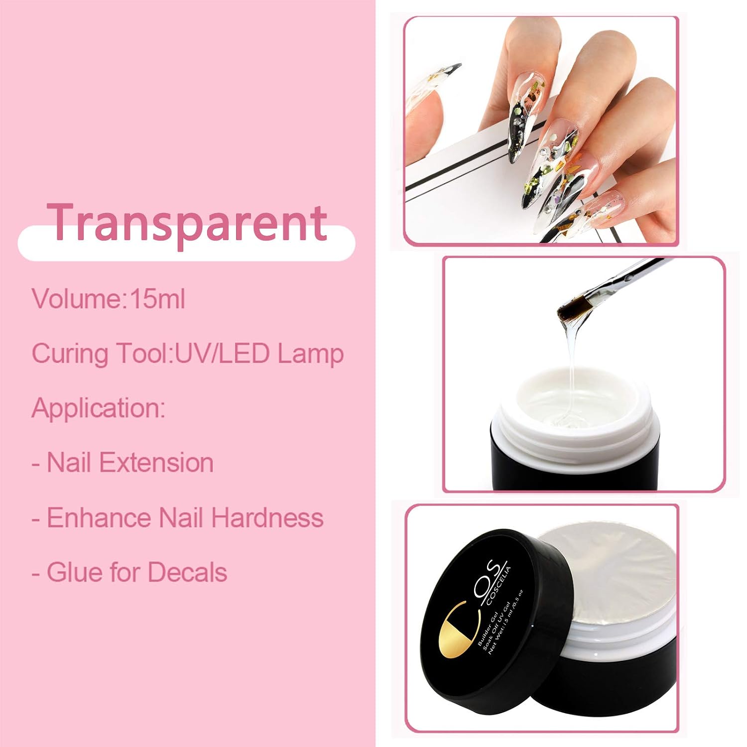 Clear Builder Gel for Nails Extension U V Gel Nail Polish Set with Base and Top Coat Nail Brush for Nail Strengthen Nail Art Supplies Manicure Kit