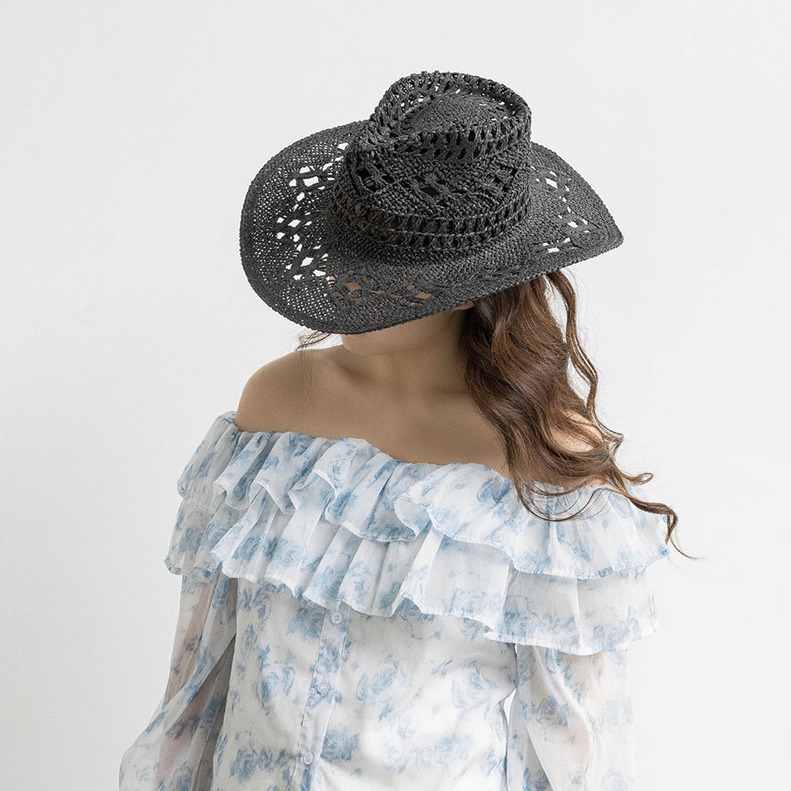 Lifup Straw Cowboy Sun Hats for Women, Western Cowgirl Hats with Shapeable Brim, Summer Beach Sun Hat Black