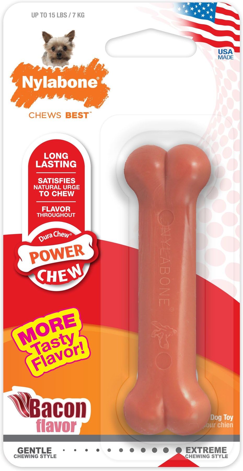 Nylabone Power Chew Bone, Durable Nylon Chew Toy for Extreme Chewers, Promotes Dental Health & Reduces Destructive Chewing, Infused with Bacon Flavour, Ideal for Small Dogs Upto 7kg, X-Small (B00R1B0484) Amazon Price History, Amazon Price Tracker