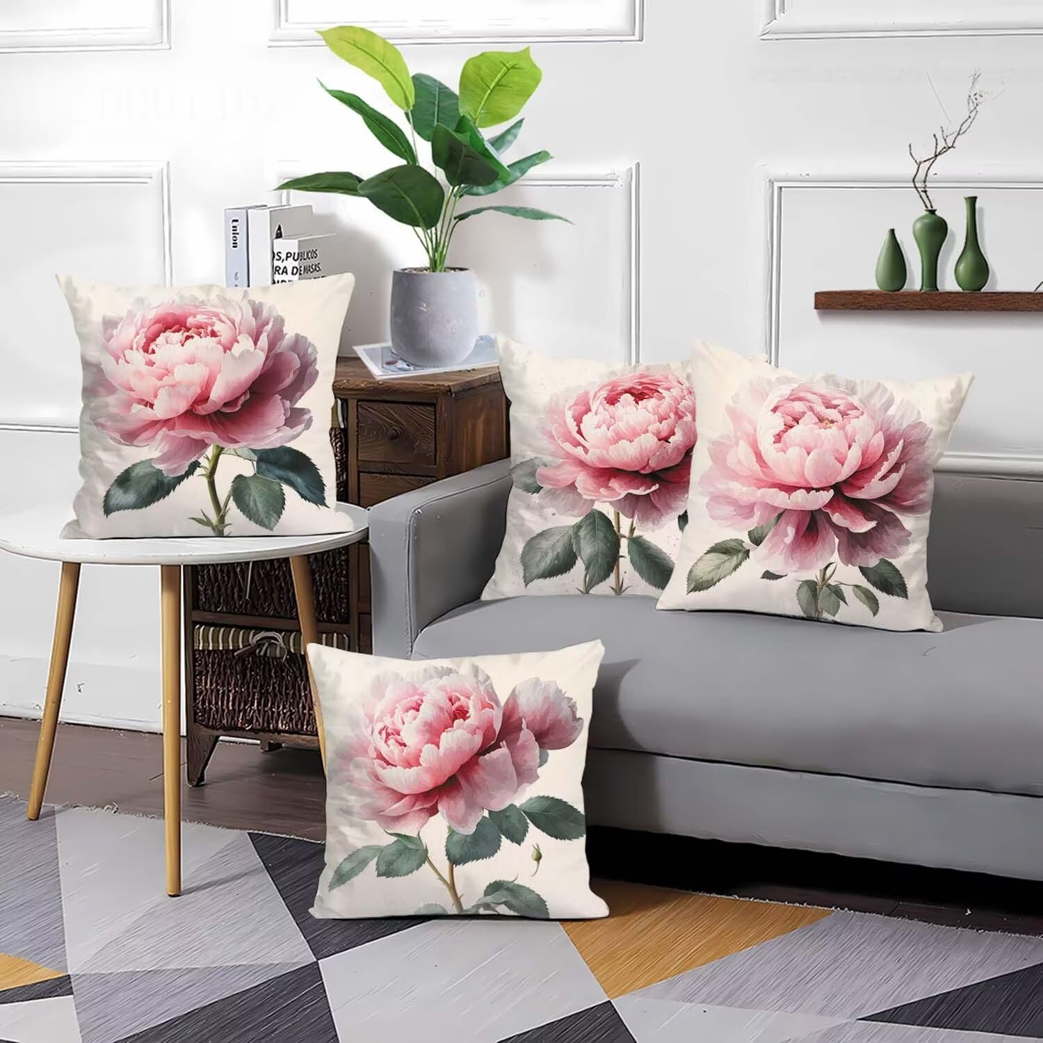 Confezione da 4 federe impermeabili per cuscini da esterno, 75 x 75 cm, motivo peonia, per giardino, tenda, divano, sedia e cuscini decorativi