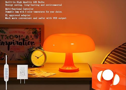 Miniatura 4 de Lámpara de mesa de hongo naranja regulable con 3 modos de iluminación Plug Donut 70s Lámpara retro de mediados de siglo para habitación, iluminación