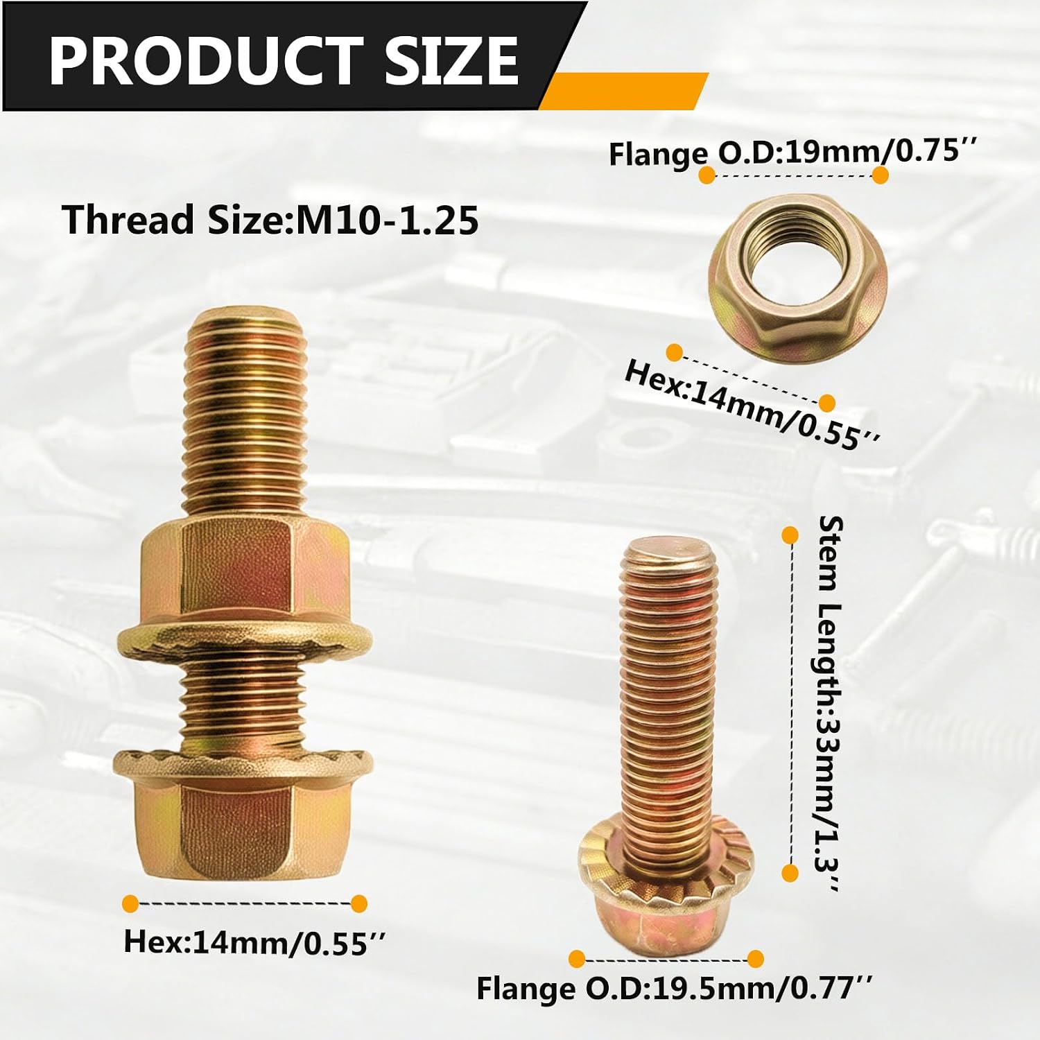 5 Sets Exhaust Serrated Flange Spin Bolts with Nuts M10-1.25 x 33mm