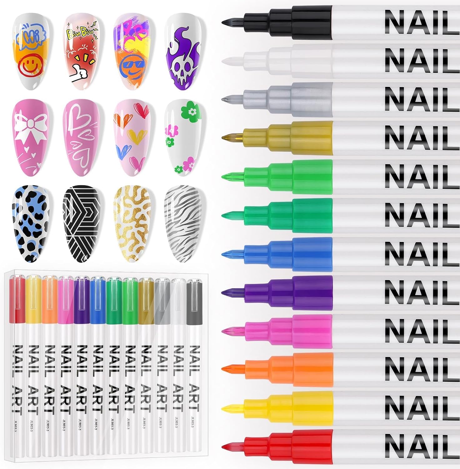 12 Colors Nail Art Pens Set, 3D Nail Polish Pens Acrylic Paint Pens